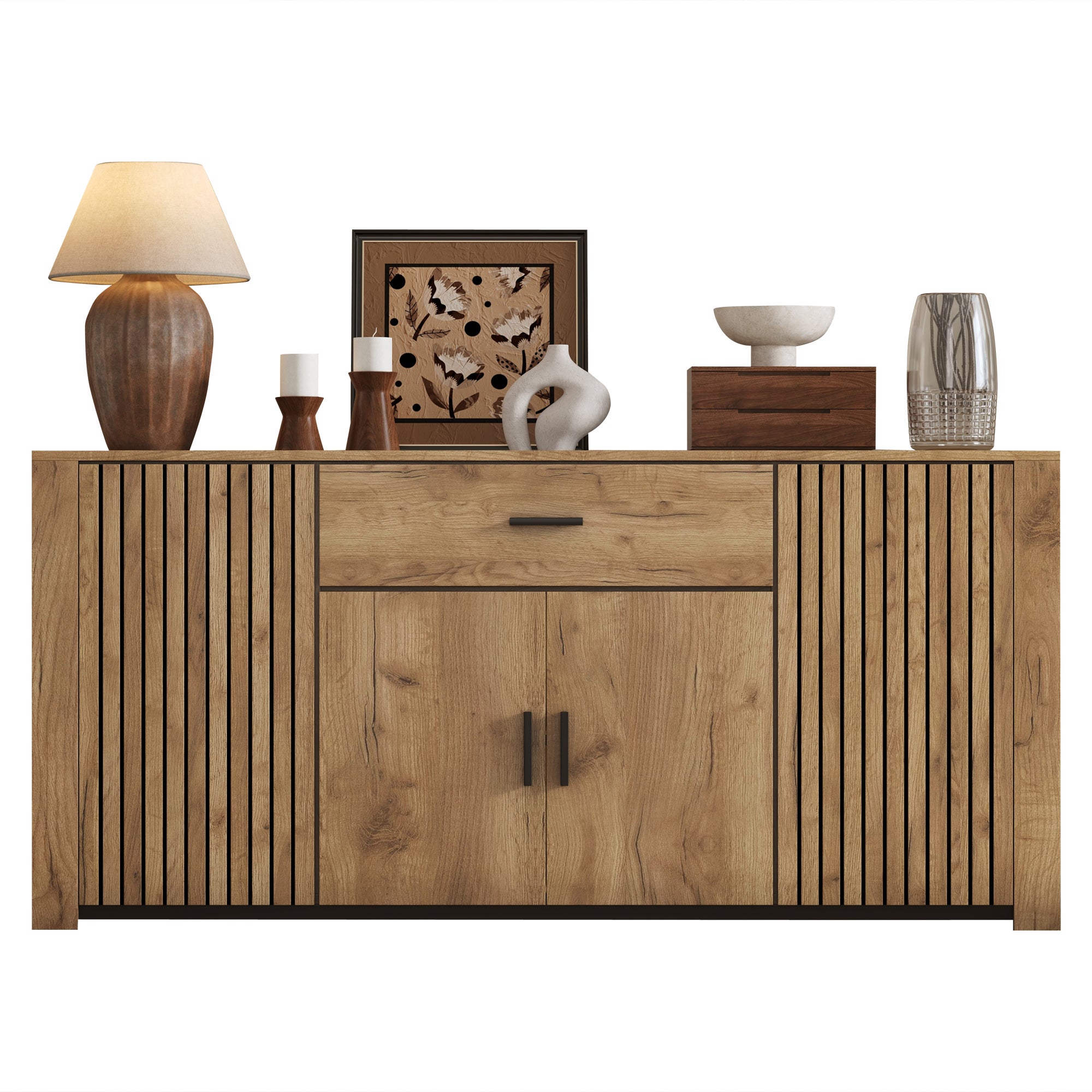 Buffet 160x40x75 cm - 4 portes et 1 tiroir - Étagères réglables - Finition bois - Panneaux de particules - Naturel - 3