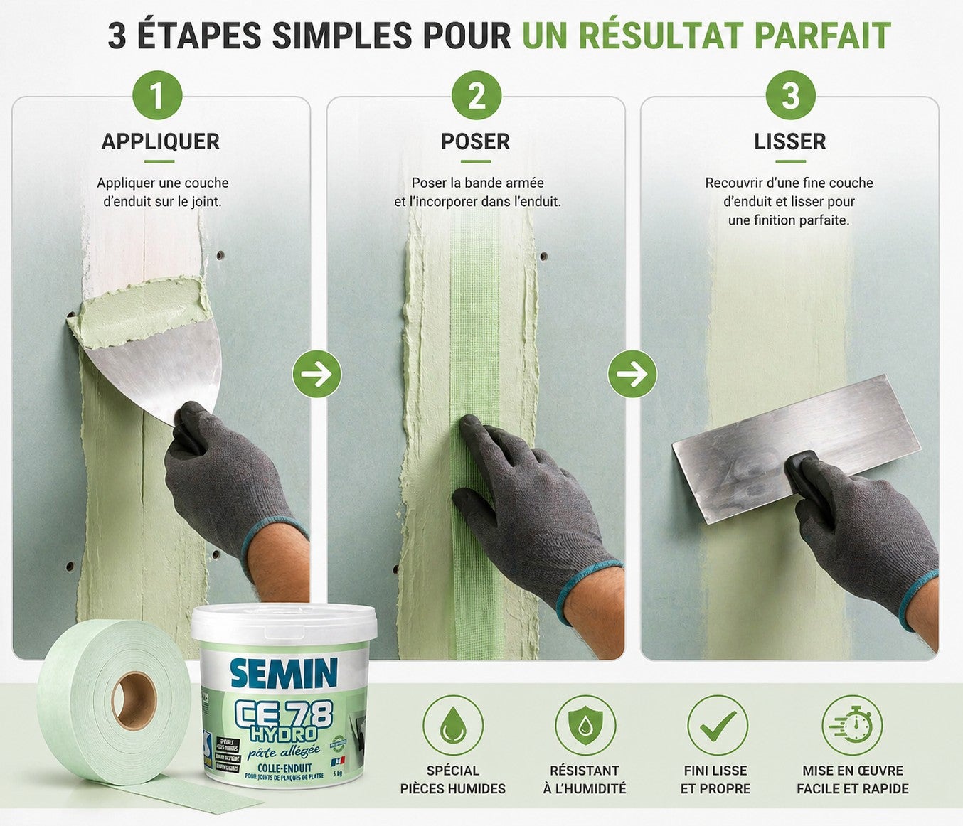SEMIN Pack Hydro plaques de plâtre - Enduit CE 78 Hydro Pot de 5kg + Bande à Joint Hydro 30 m - Spécial pièces Humides - 10 m² - 5