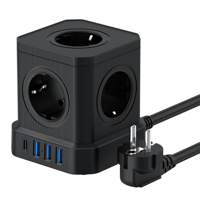 (Noir) Multiprise (16A/4000W) 5 Prises françaises avec 3 Ports USB et 1 Port Type-C, Bloc Multiprise Parafoudre et Surtension avec Interrupteur, Câble