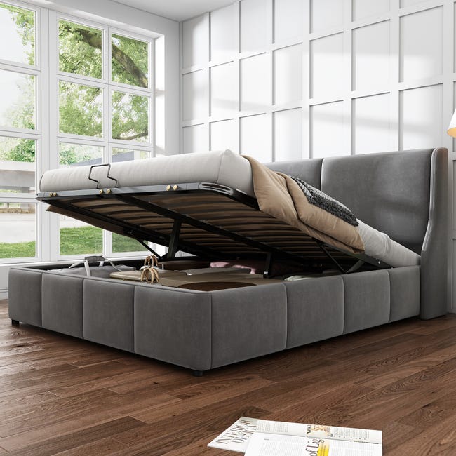 Lit coffre avec tête de lit - 140 x 190 cm - velours - style ...