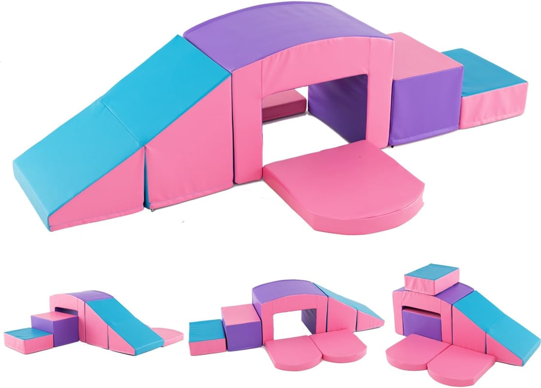 7 Szt. Tor Przeszkód dla Niemowląt, Moduł Motoryczny z Pianki PU z Wypełnieniem z EPE, dla Dzieci Powyżej 12 Miesięcy (Różowy + Fioletowy)