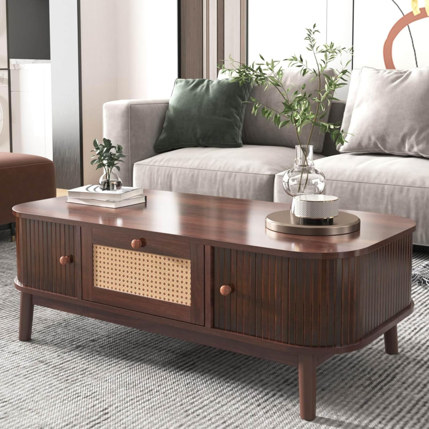 Table Basse avec tiroir en rotin et 2 Portes coulissantesf 110 x 55 x 38,5 cm, pieds en bois massif - Couleur Noyer - 3