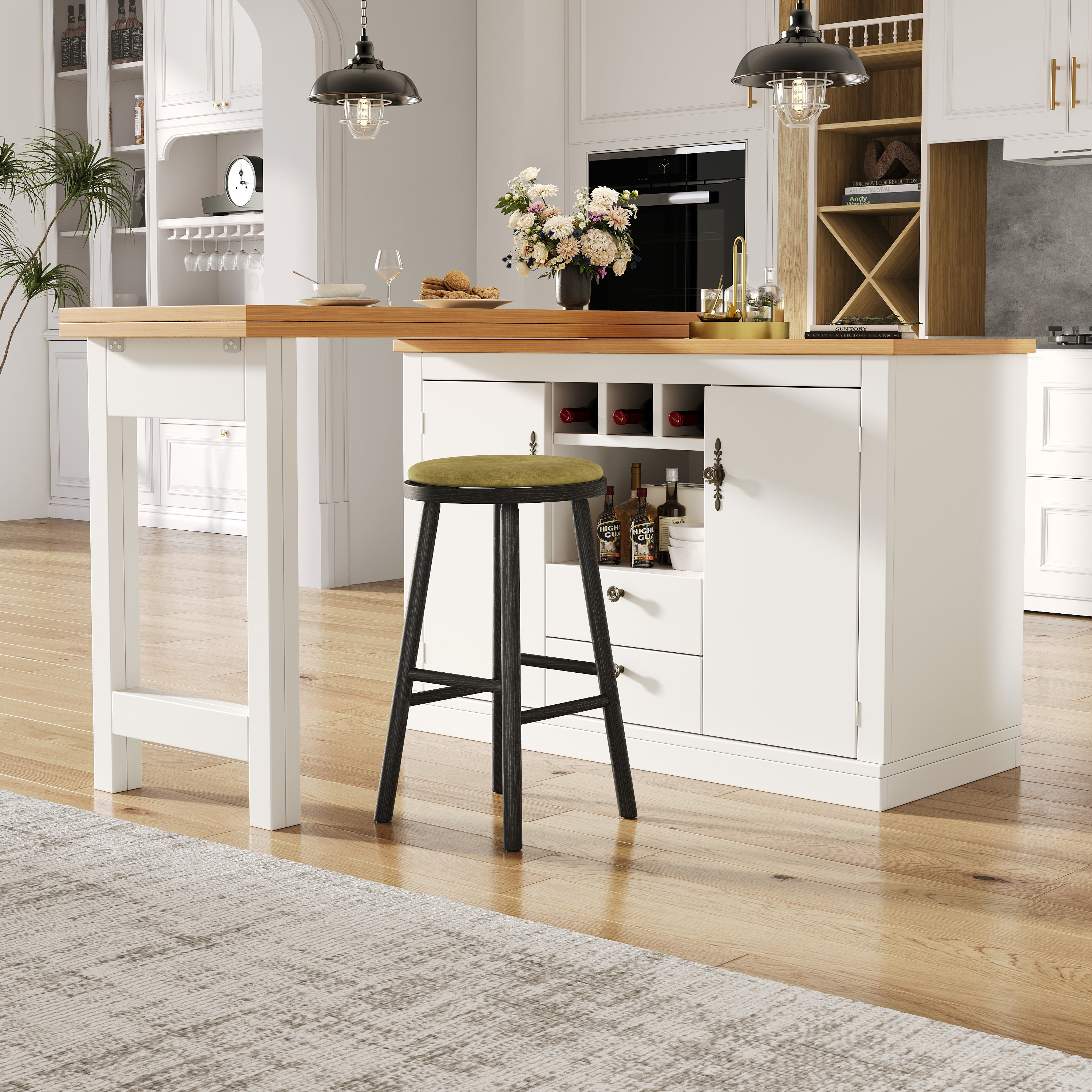 Rozkładany obrotowy stół jadalny z 2 drzwiami i 2 szufladami, wyspa kuchenna - 120-180 x 40 x 71,5 cm - MDF - Biały + naturalny - 3