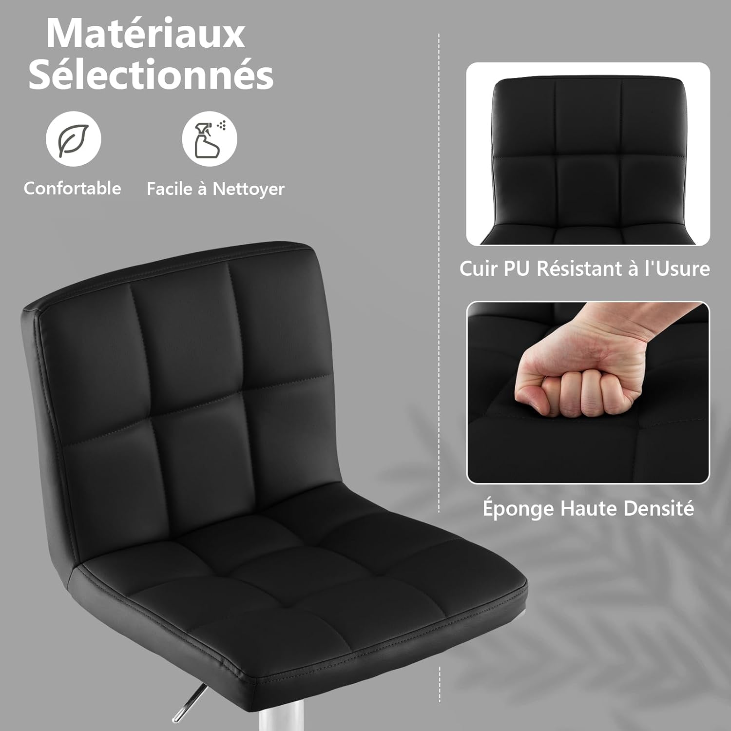 Stołek barowy krzesła barowe 65-85 cm, z regulacją wysokości ze skóry PU, taboret do siedzenia z obrotowym o 360° siedziskiem i podnóżkiem, - 4