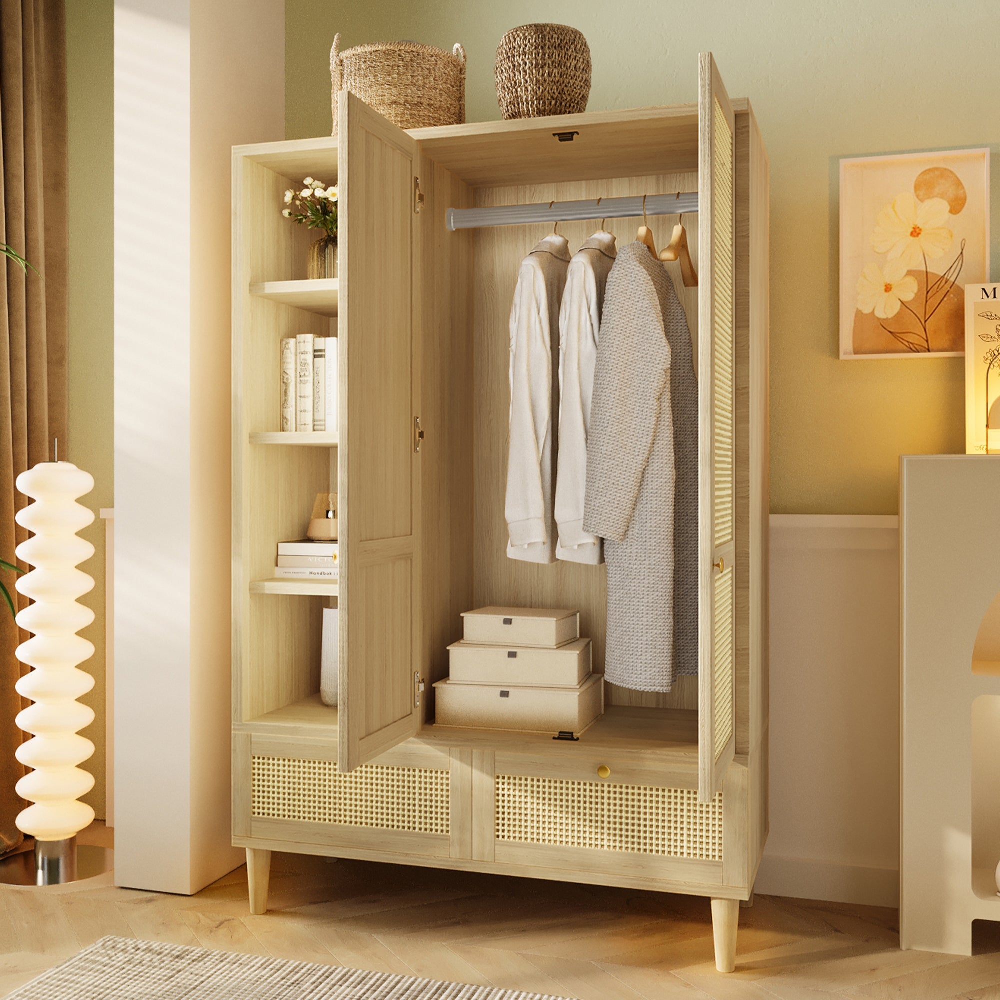 Armoire Penderie en Cannage Rotin 180x120x50 cm, 2 Portes avec 2 Tiroirs, tringle vêtements, Style Bohème Chic - Chêne - 4