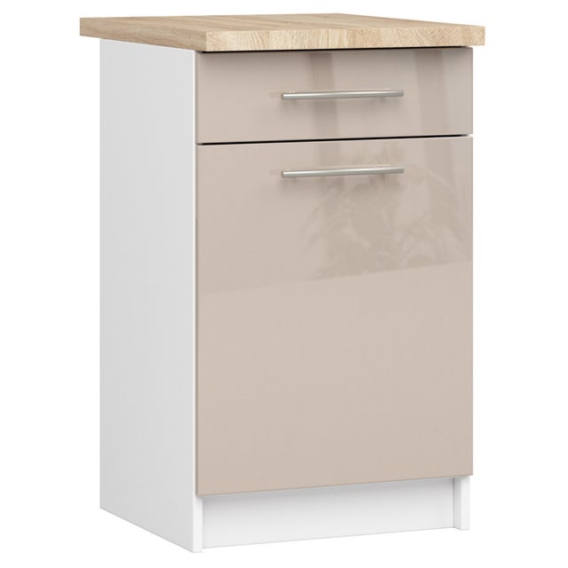 Armoire de cuisine sur pied : 1 tiroir, 1 porte, 2 étagères, blanc | cappuccino brillant, l: 50 cm, h: 85 cm, p: 46 cm.