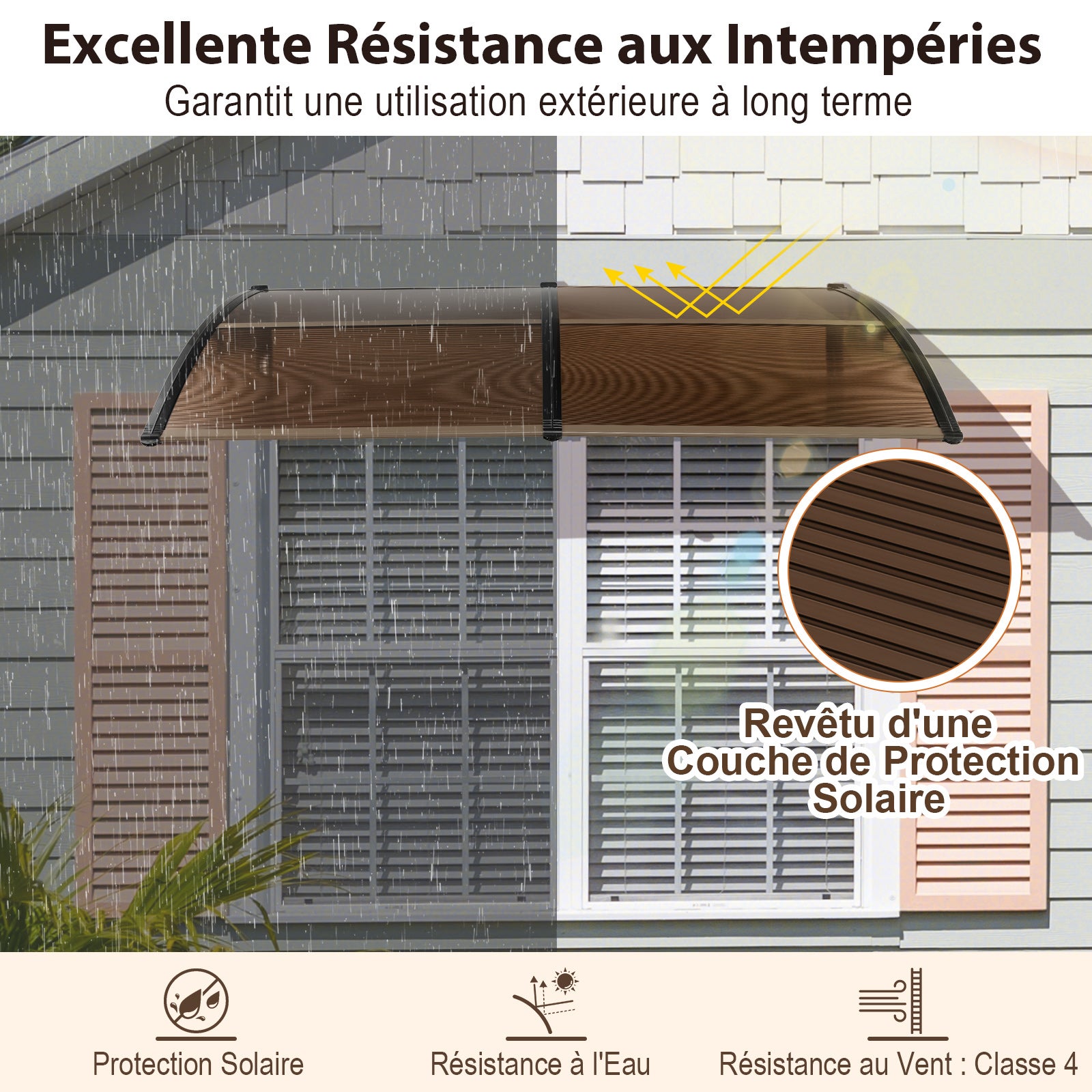 Toldo para porta de entrada 199 x 99 cm Proteção solar, marquise para porta e janela Placa em policarbonato Proteção contra chuva, castanho - 5