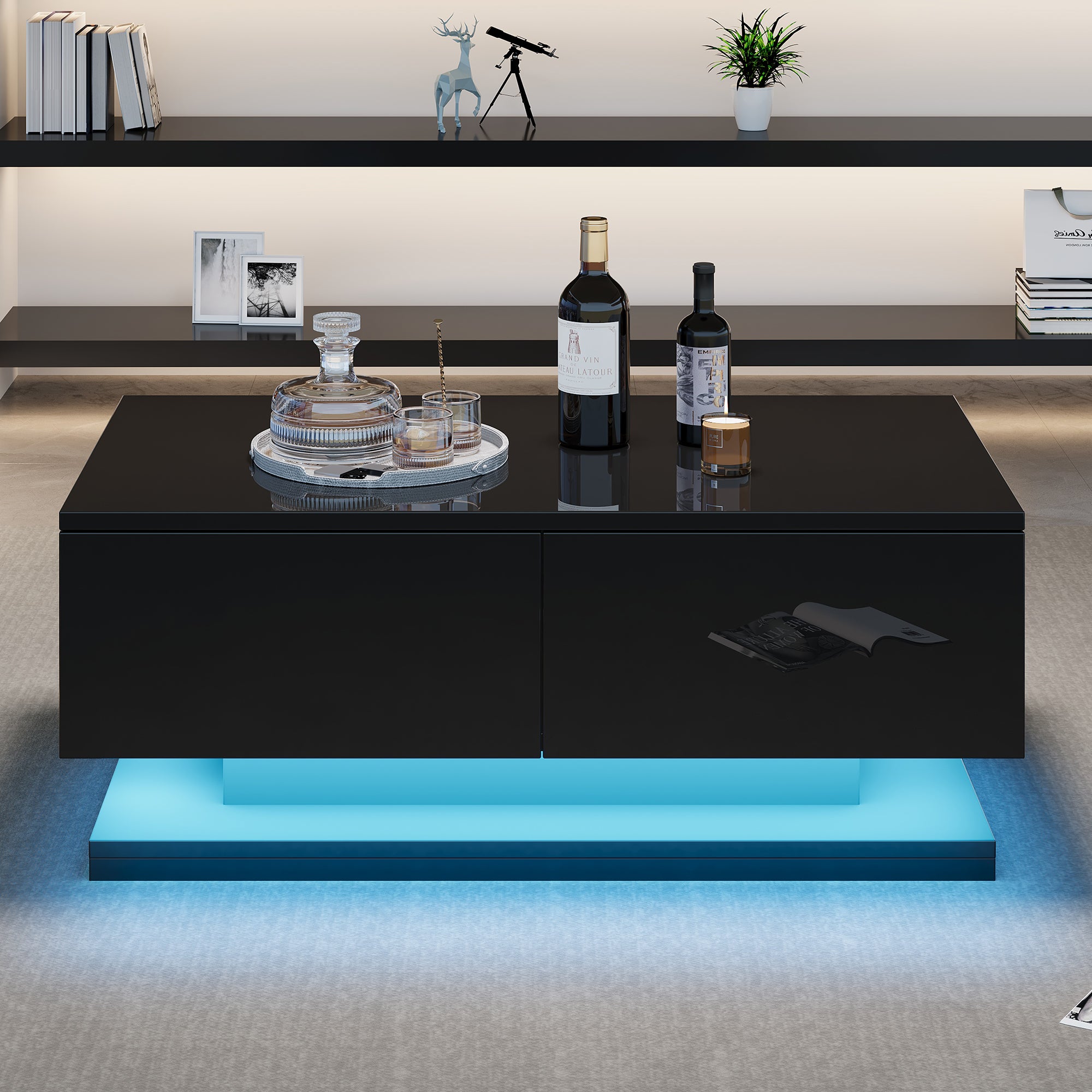 Stolik kawowy z 2 szufladami - 90 x 50 x 38 cm - Diody LED sterowane za pomocą aplikacji - Płyta wiórowa - Czarny