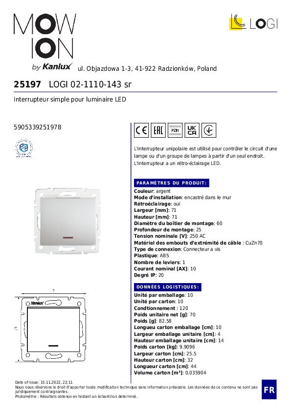 Interrupteur mural LED - Unipolaire - Rétroéclairé - Argent - 71x71mm - 6