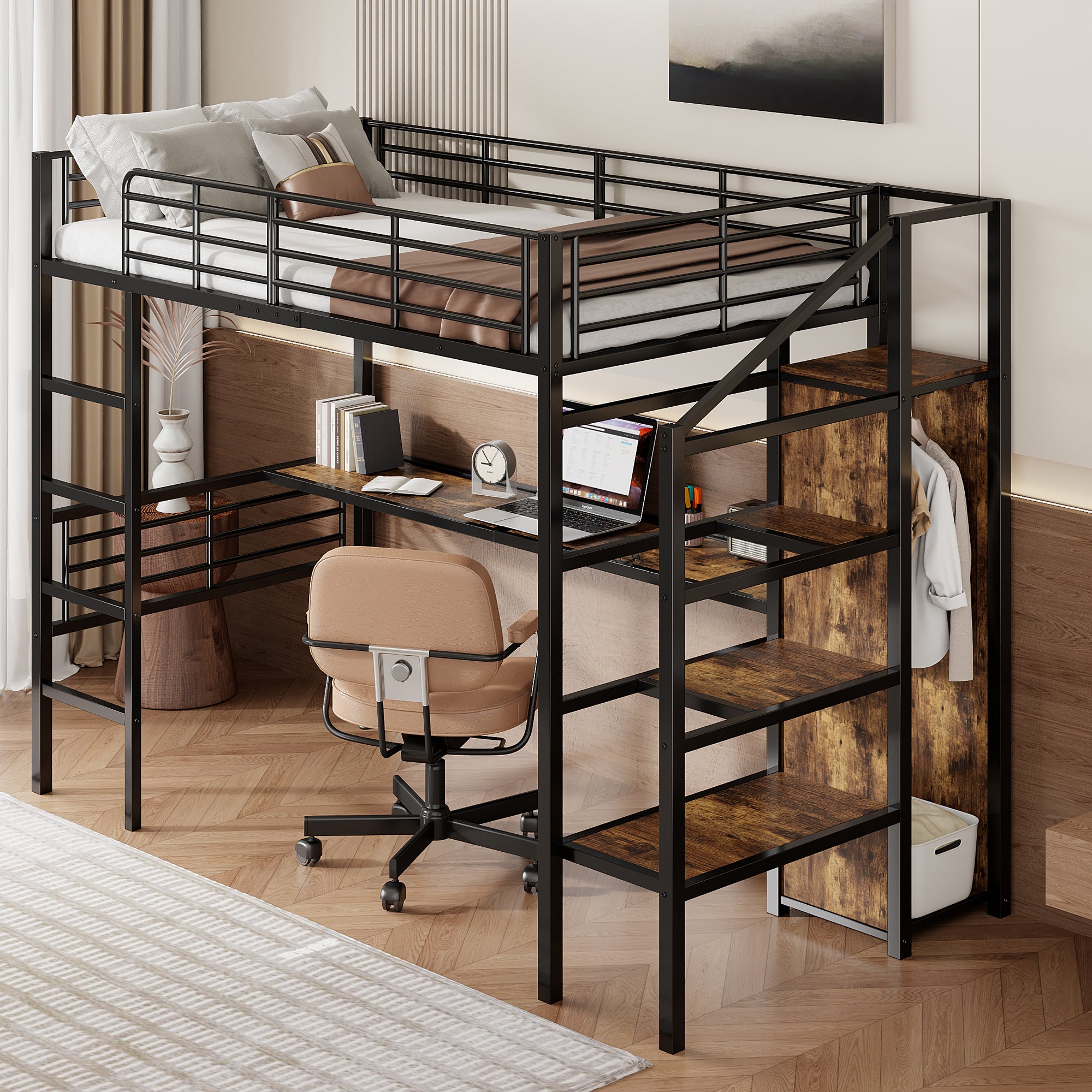 Letto soppalco in metallo 140x200 cm - con ripiani e scaletta di