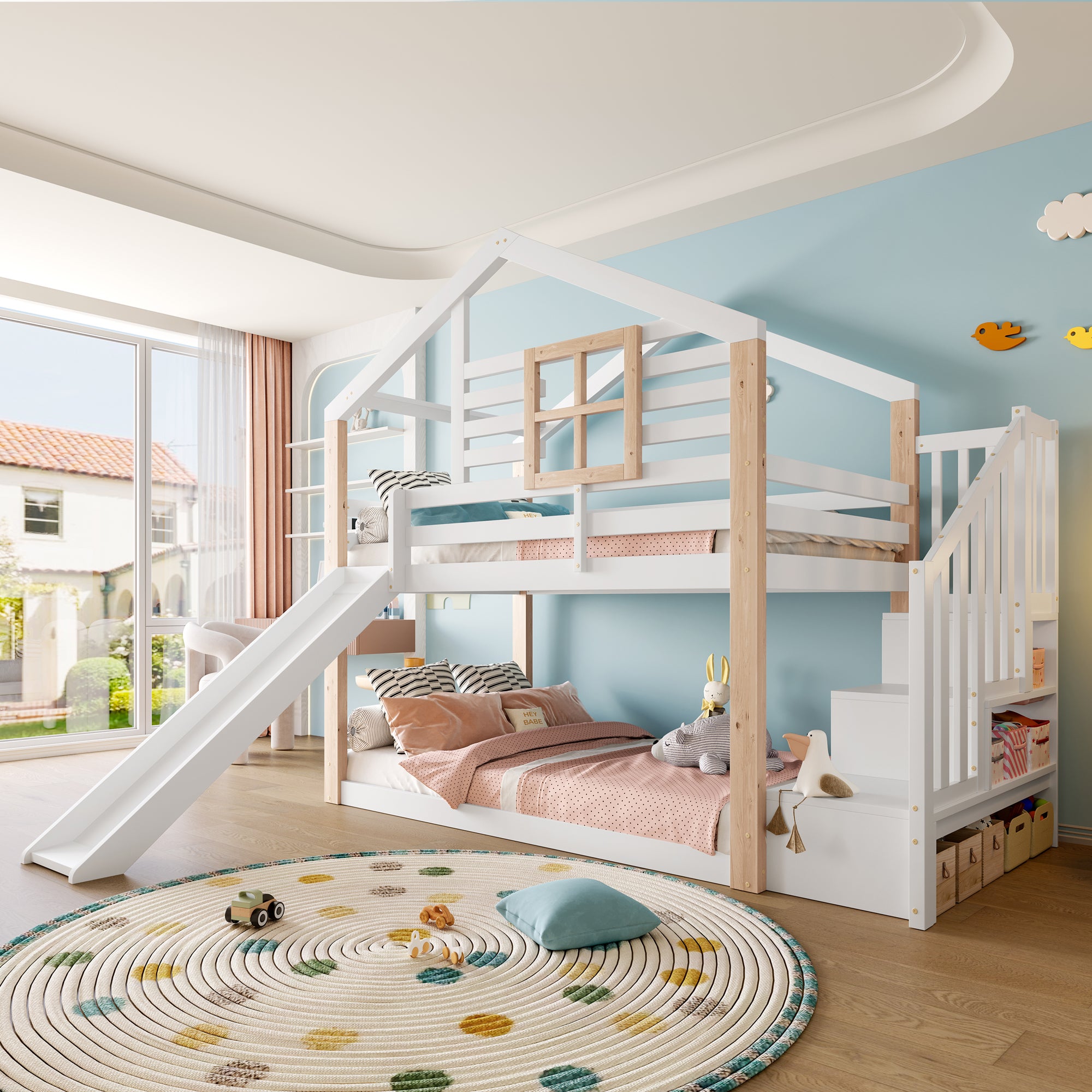 Lit Superposé Enfant 90x200 Cm - Avec Fenêtre - Avec Toboggan Enfant - Tiroirs Sur Roulettes - Escalier Avec Rampes - Bois Massif + MDF - Blanc | Leroy Merlin