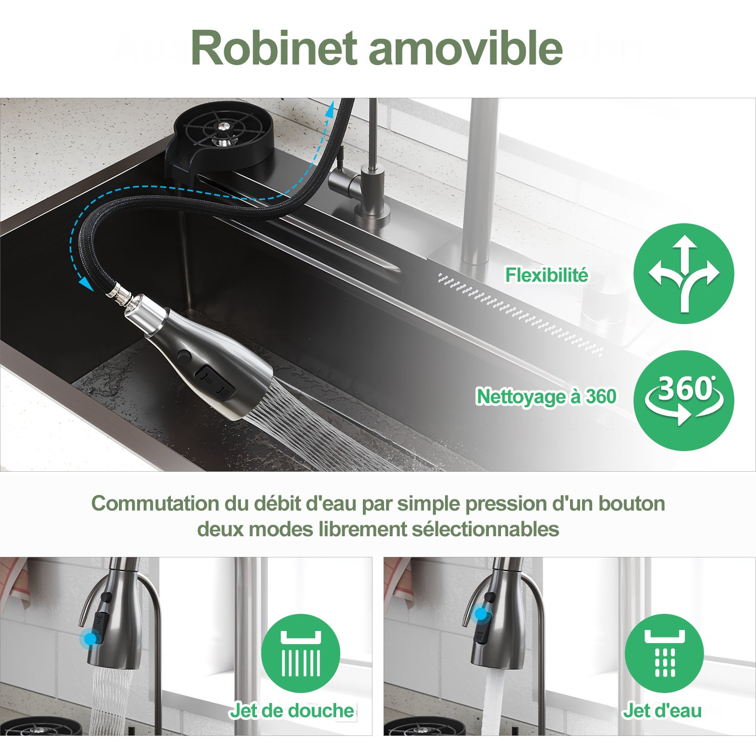 SIRHONA Évier de Cuisine Multifonctionnel Cascade 80x45 cm Robinet Extractible 3-en-1 Acier Inox 304 Anti-éclaboussures & Insonorisé - 7