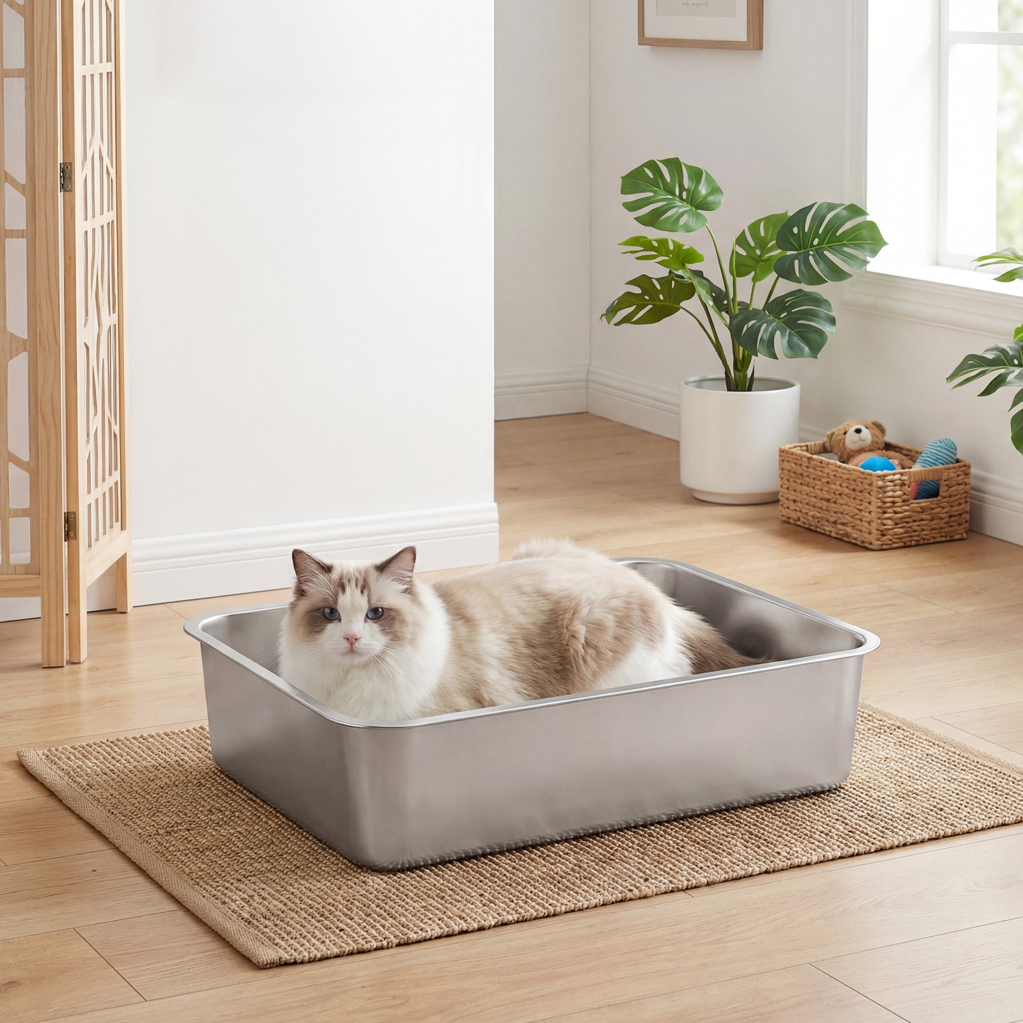 Bac à Litière pour Chats en Acier Inoxydable, Ouvert, pour Chats de Taille Moyenne et Grande, 50 x 35 x 15 cm, Argent - 3