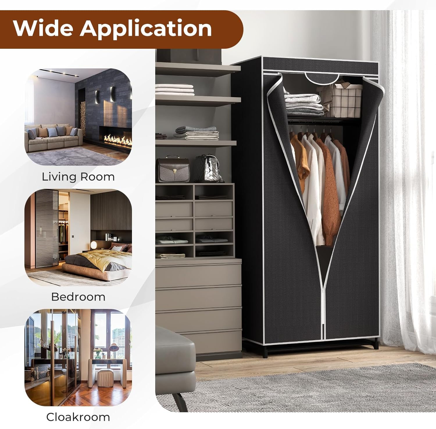 Pendrie en Tissu avec Housse- 74 x 50 x 172CM- 3 Parties d'espace de Stockage-Armoire de Vêtements Imperméable，Noir - 3