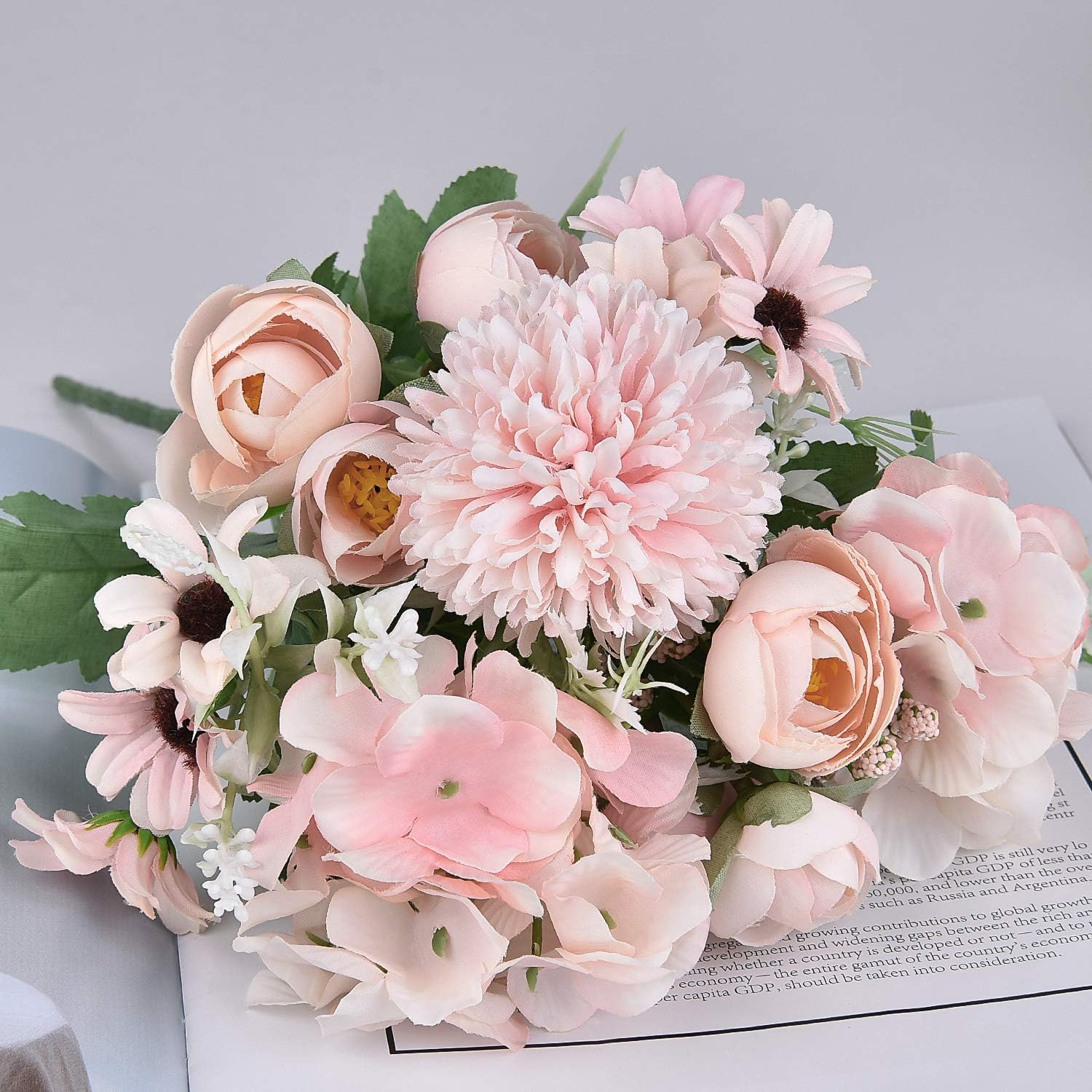 Bouquet artificiel 2 pièces roses fausses pivoines hortensias oeillets fleurs artificielles arrangements de fleurs - 5