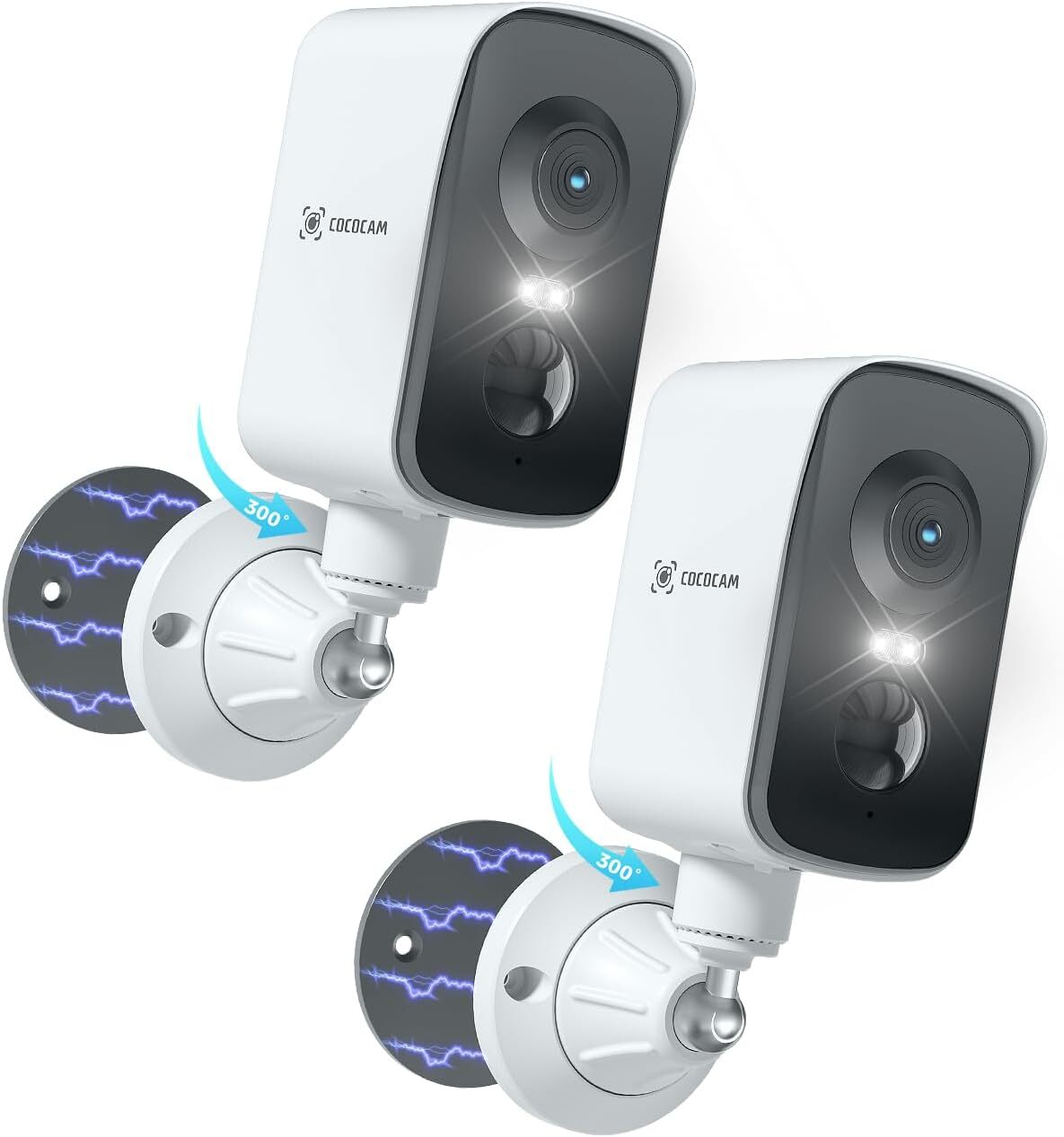 COCOCAM Set de 2 camere de supraveghere 4G portabile magnetice 2K, baterie 10000mAh, PTZ, detectare umană AI/PIR, pentru camping, RV și călătorii