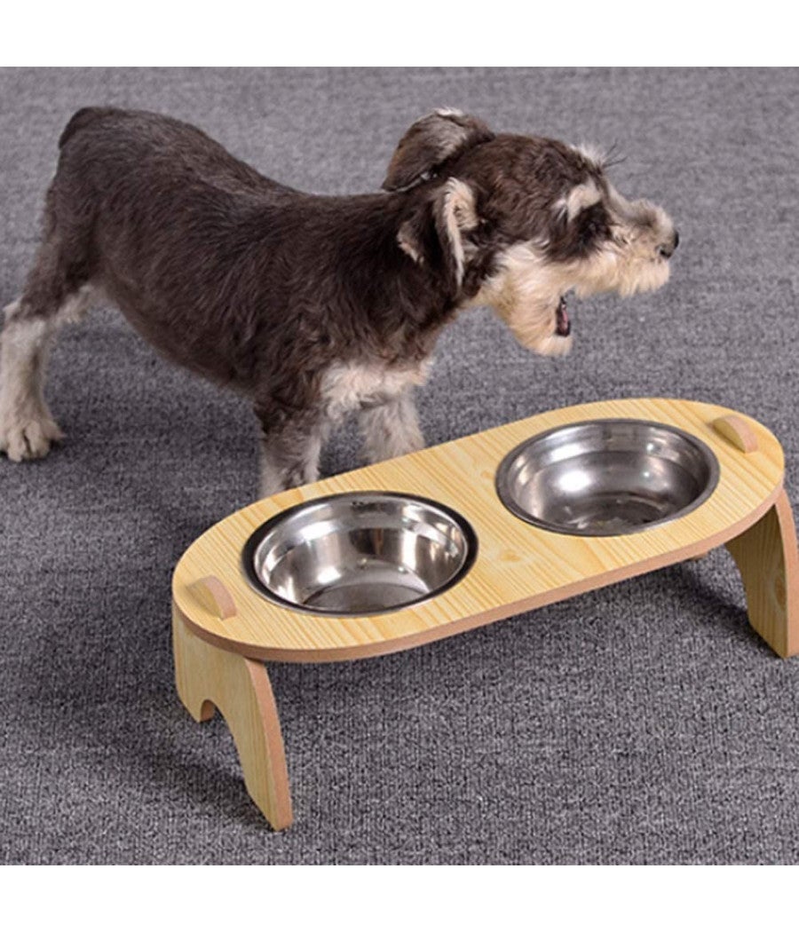 Trade Shop - Ciotola Doppia Rialzata Per Cani Gatti Con Base In Legno Per Animali Domestici - - 4