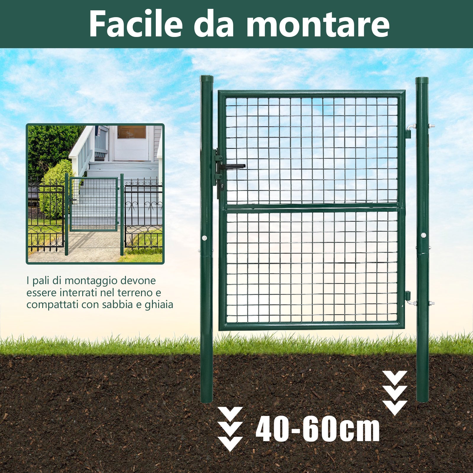 Portillon de jardin - En acier galvanisé - Portail de jardin - Porte de clôture - Avec serrure, poignée et clé 150 x 100cm, Vert - 6