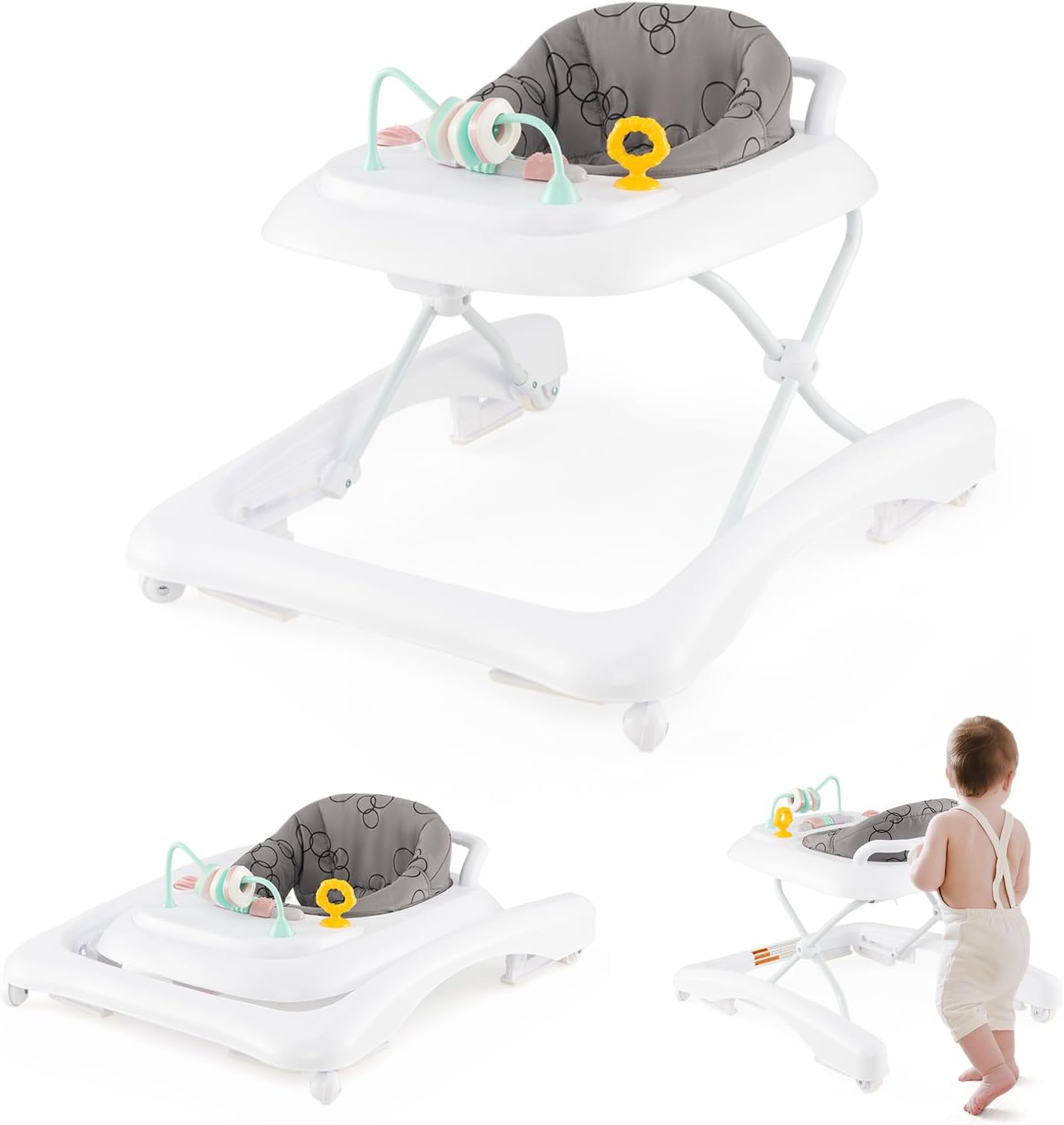 3 w 1 Ewoluujący Chodzik dla Niemowląt, Składany Chodzik z 3 Regulowanymi Wysokościami, Zdejmowanym Siedziskiem i Regałami, Nośność 12 kg (Szary)