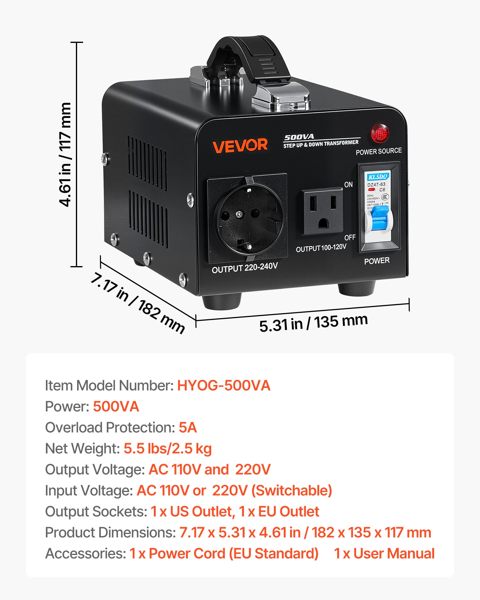 Transformateur VEVOR 220 V à 110 V et 110 V à 220 V, 500 VA, avec Prise Américaine, Prise Européenne, Cordon d'Alimentation, Protection Disjoncteur - 7
