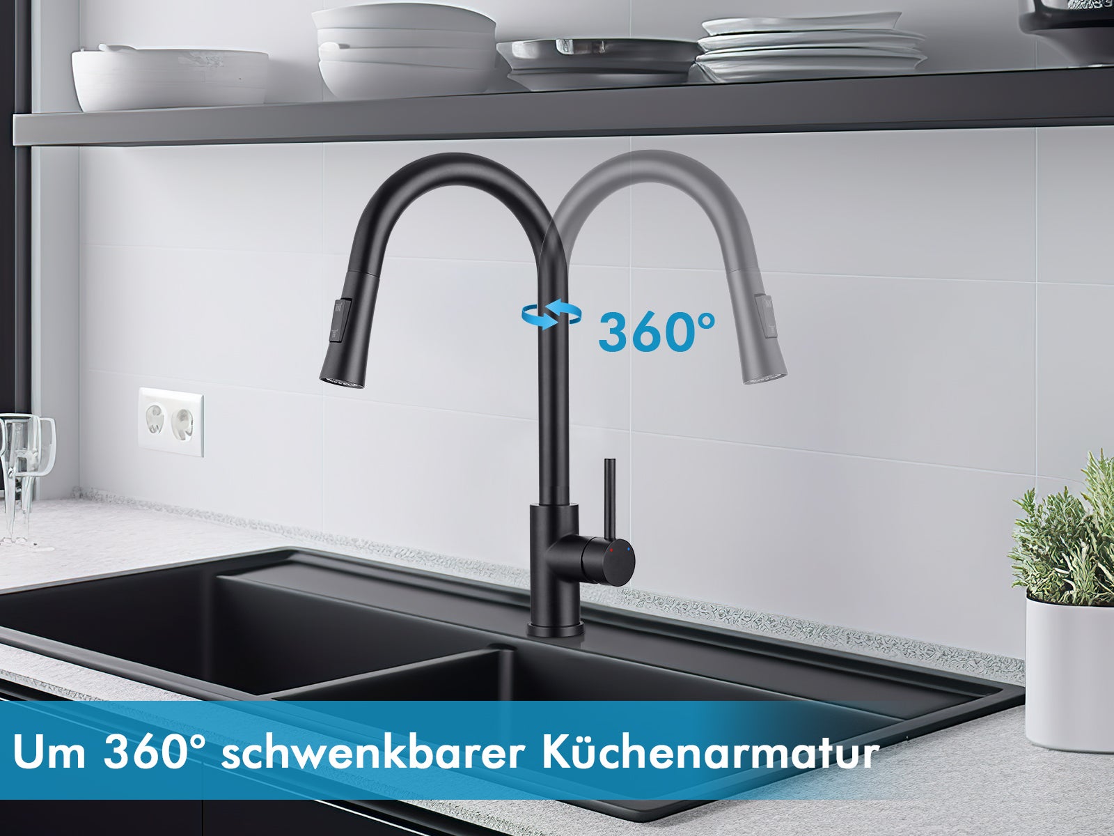 Czarny kran kuchenny, obrotowy 360°, z wyciąganą wylewką, wysoki łuk, bateria kuchenna z prysznicem, 2 tryby strumienia - 2