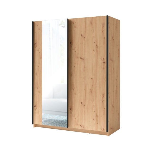 Armoire GOZU 151 cm avec 2 portes coulissantes et miroir – Chêne artisan