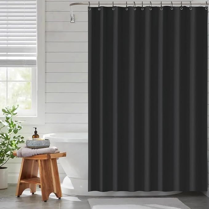 Tenda Doccia In Poliestere Waffle Nera 180x200 Cm - Impermeabile, Lavabile, Con 12 Anelli Metallici