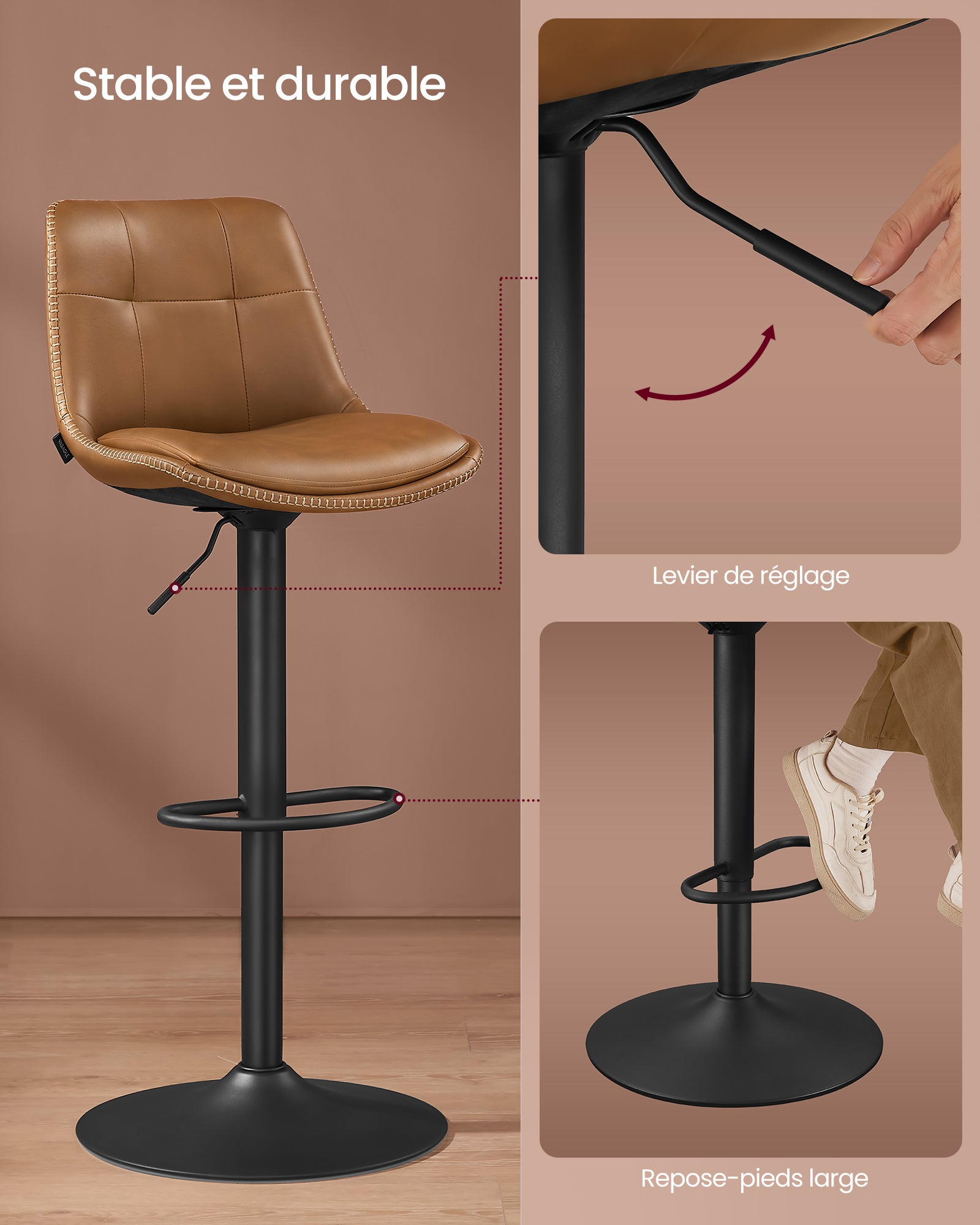 Tabourets de Bar, Lot de 2, Siège Pivotant à Hauteur Réglable, Matelassé, avec Dossier et Repose-Pieds, Marron Caramel - 7