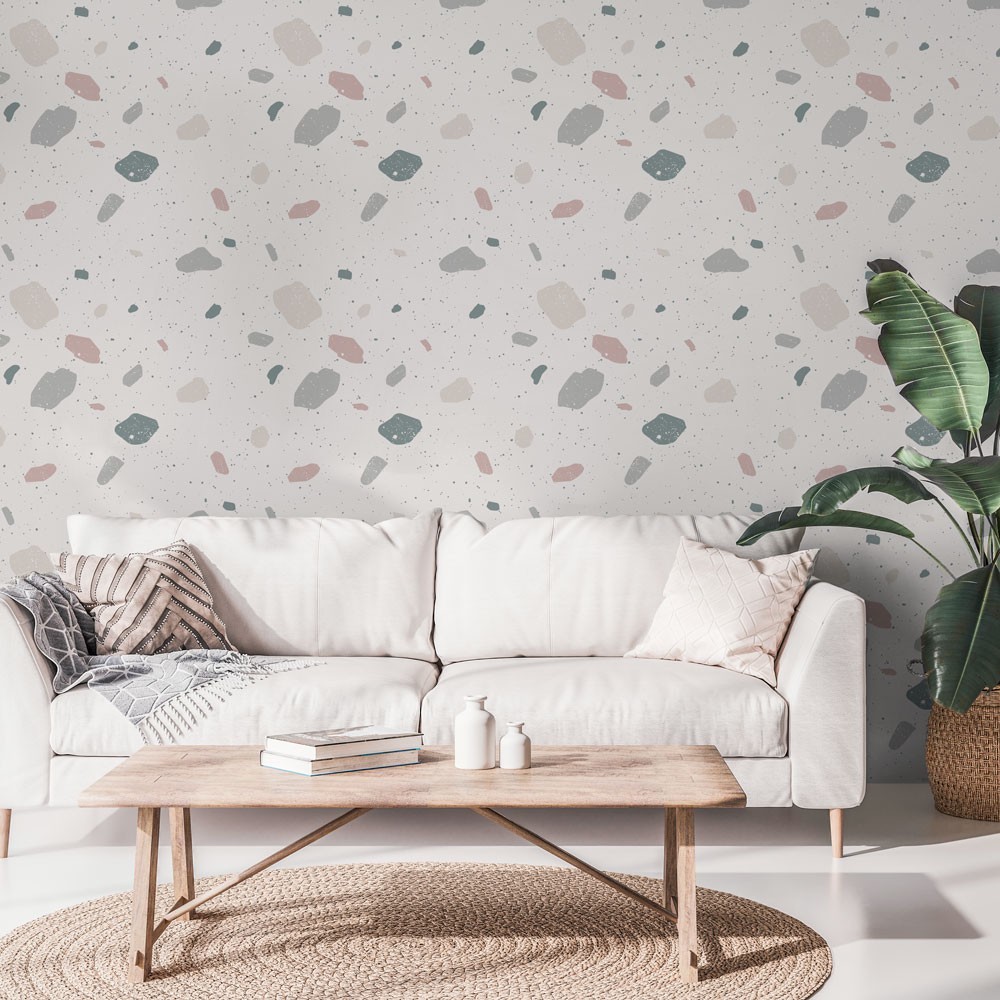 Papel pintado autoadhesivo con tintas eco, y libre de pvc, rollo de 129 x 260 cm terrazo mina