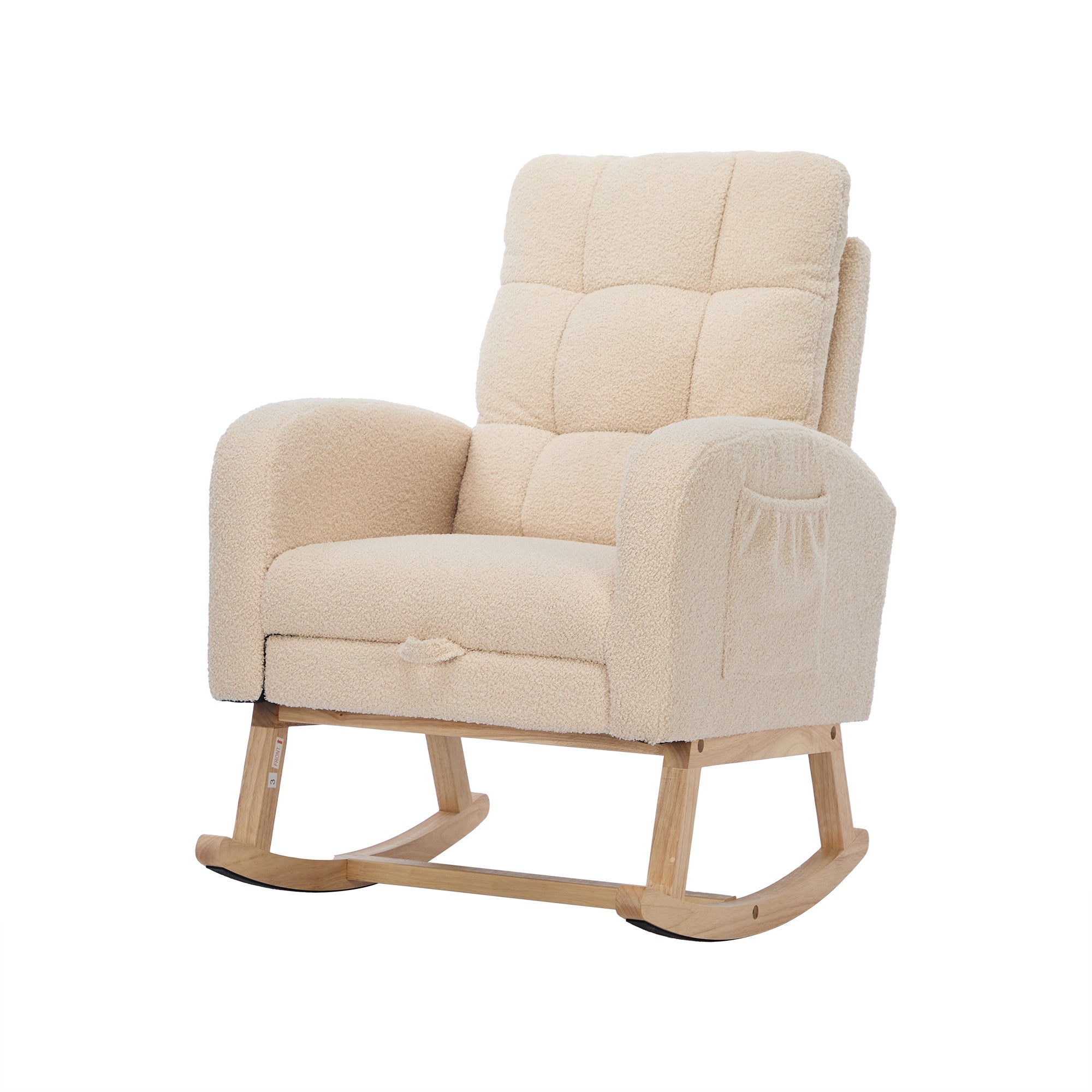 Fauteuil à bascule en velours teddy avec repose-pièds et accoudoirs - 132 x 50 x 99 cm - Structure en bois massif - Beige - 2