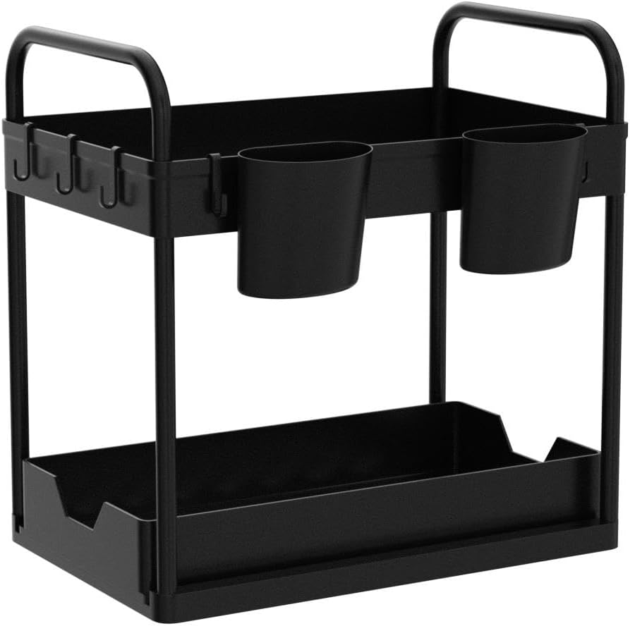 Étagère de rangement double sous évier avec tiroir coulissant inférieur, 4 crochets, 2 porte-gobelets, poignées, noir - 4