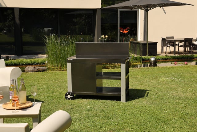 Desserte AVEIRO Noire Pour Plancha – Table Extérieure Acier, 97x65 Cm, Roulettes, FSC