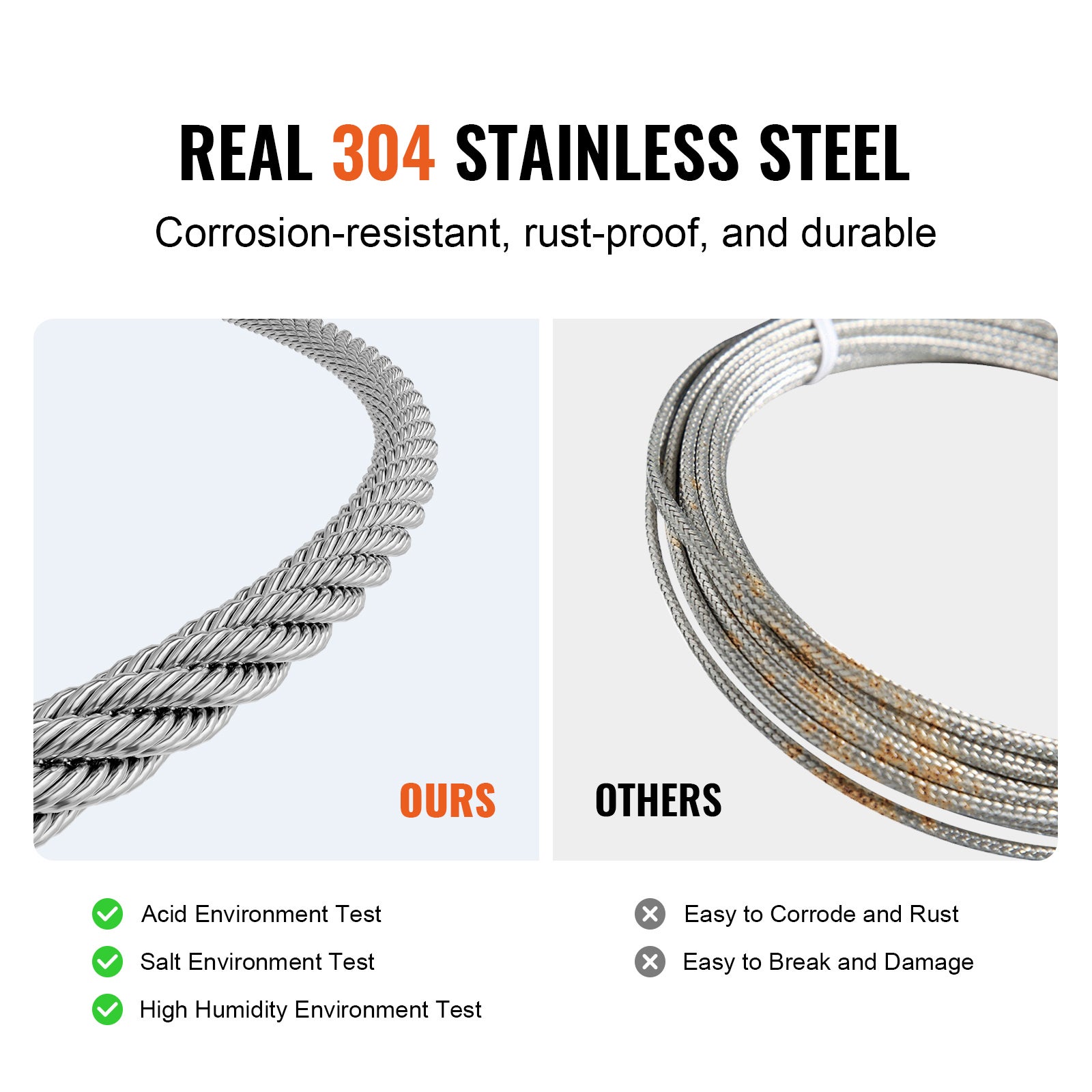 Câble VEVOR Acier Inoxydable 3,2 mm x 30,5 m Cable Kit Fil Tressé Inox pour Système de Garde-corps de Terrasse, Treillis de Jardin, avec Coupe-câble - 3