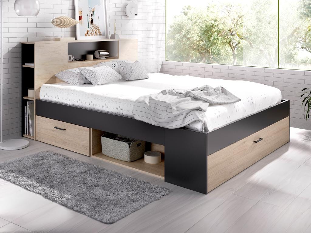 Lit avec tête de lit rangements et tiroirs - 180 x 200 cm - Coloris