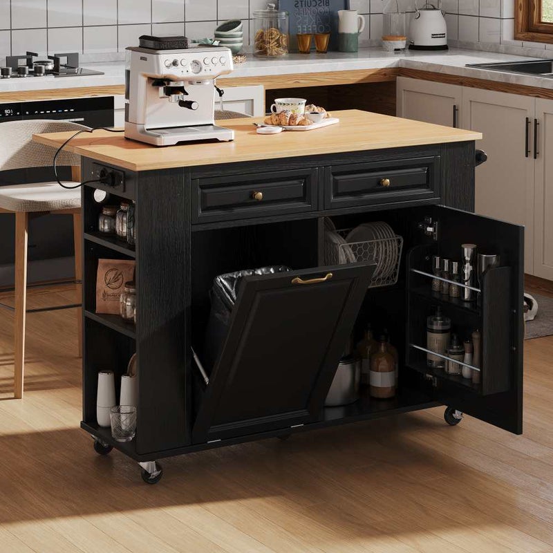 Wyspa kuchenna na kółkach z rozkładanym stołem, schowkiem na śmieci, wieszakiem na ręczniki i listwą zasilającą, czarny wózek mobilny