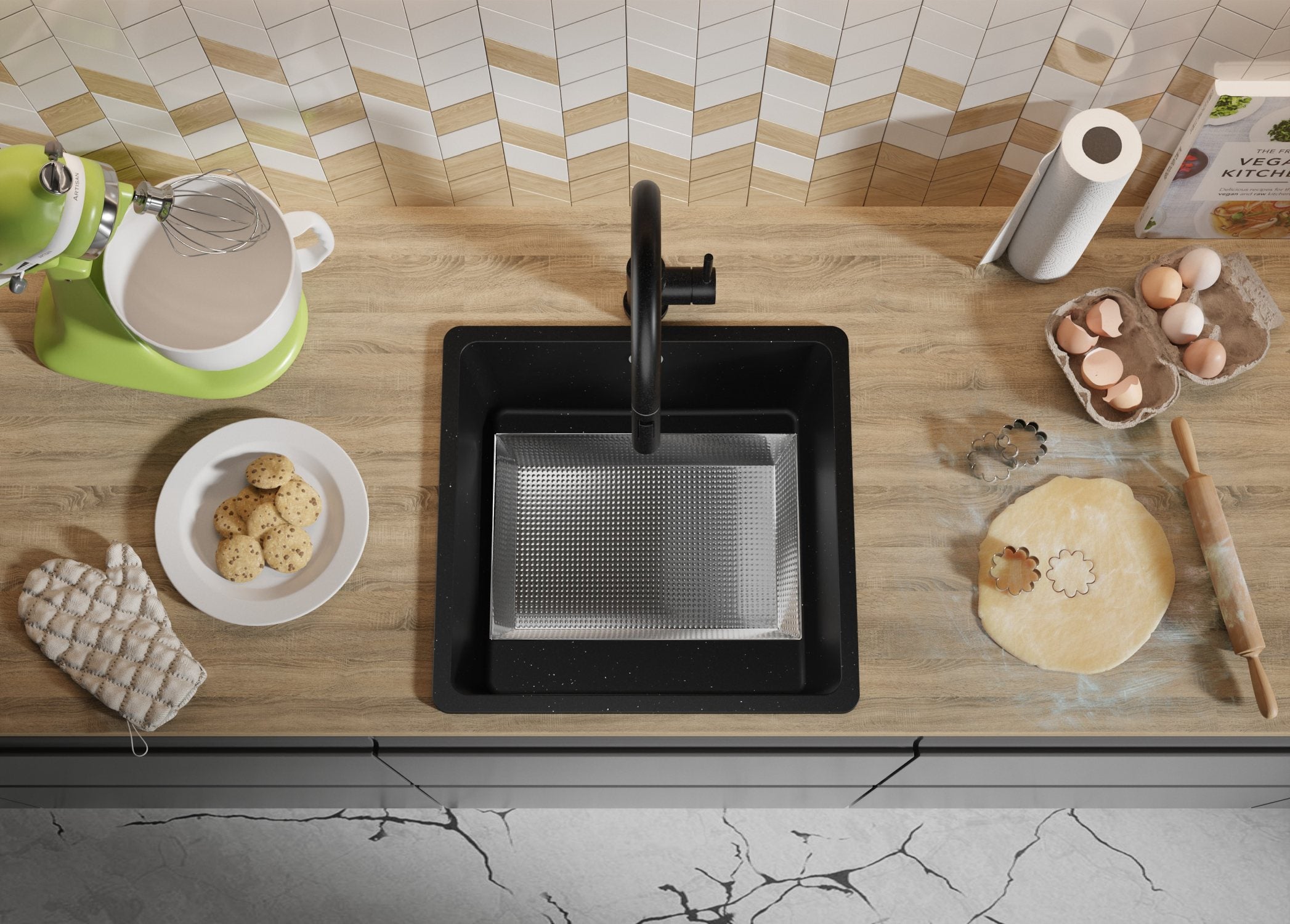 Evier Cuisine en Granit Noir Métallisé 46x44cm, Lavabo 1 bac + Kit de Vidage, Évier à Encastrer au meuble 50cm - Venise Slim Easy PRIMAGRAN - 8