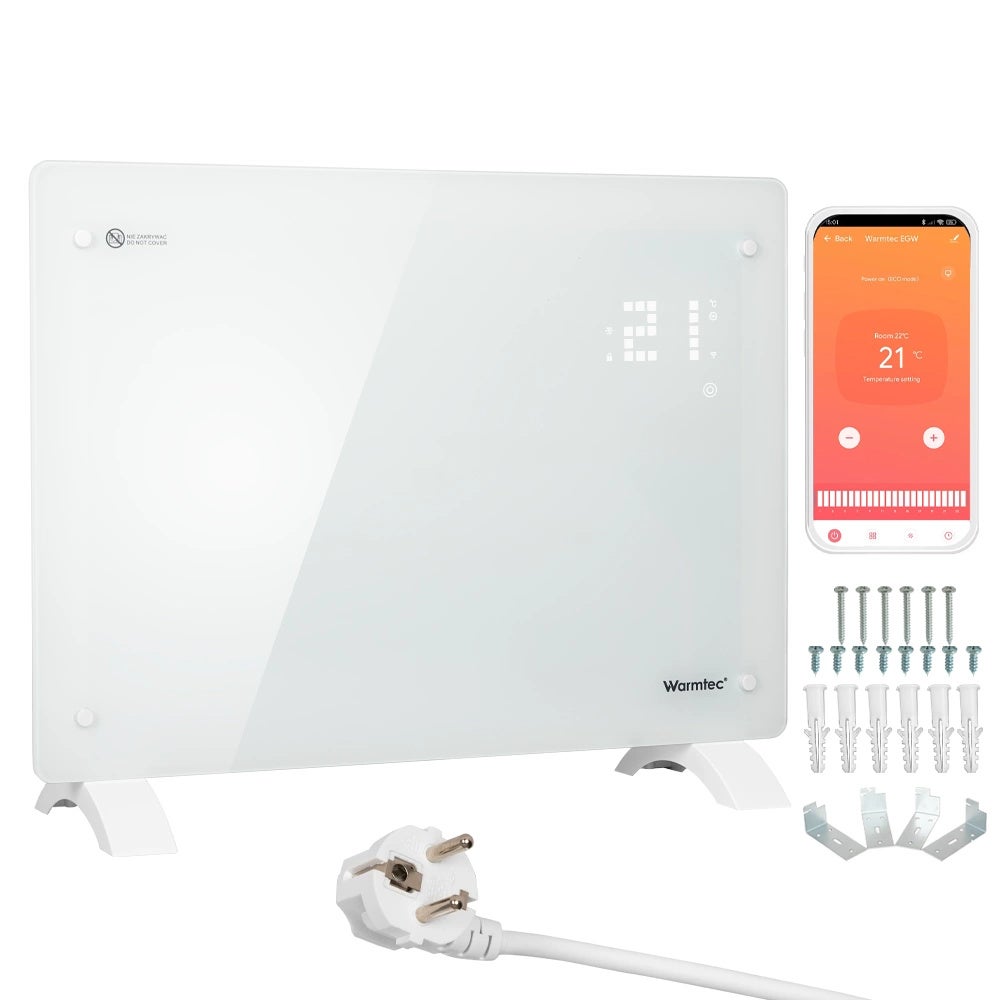 Grzejnik elektryczny 1500W szklany energooszczędny konwektorowy LCD Wi-Fi biały Warmtec EGW-15B