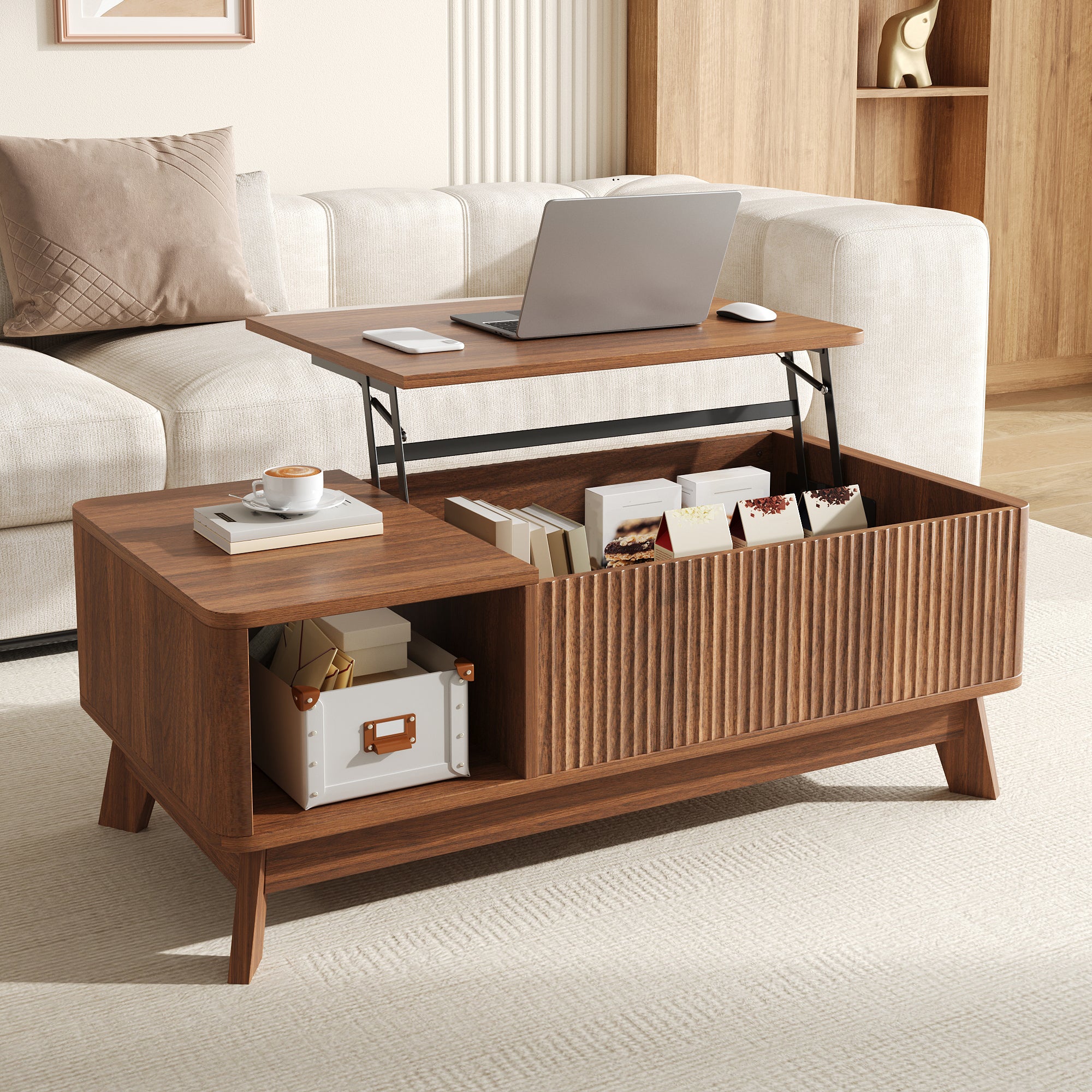 Table Basse Design Ondulé 3D 95x48x50 cm avec Plateau Relevable et ...