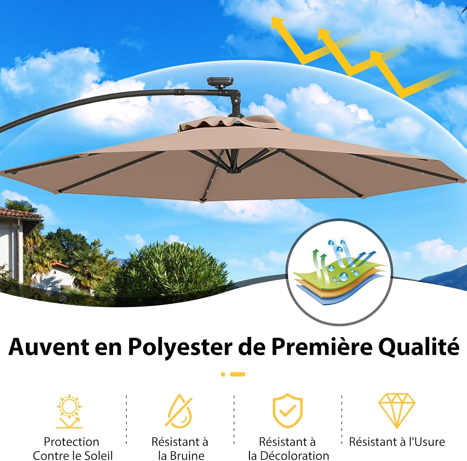 Parasol Déporté 3M avec 32 LED Solaires, Parasol de Jardin 8 Baleines avec Tissu Protection Solaire, Parasol Inclinable Rotatif à 360° (Brun) - 4