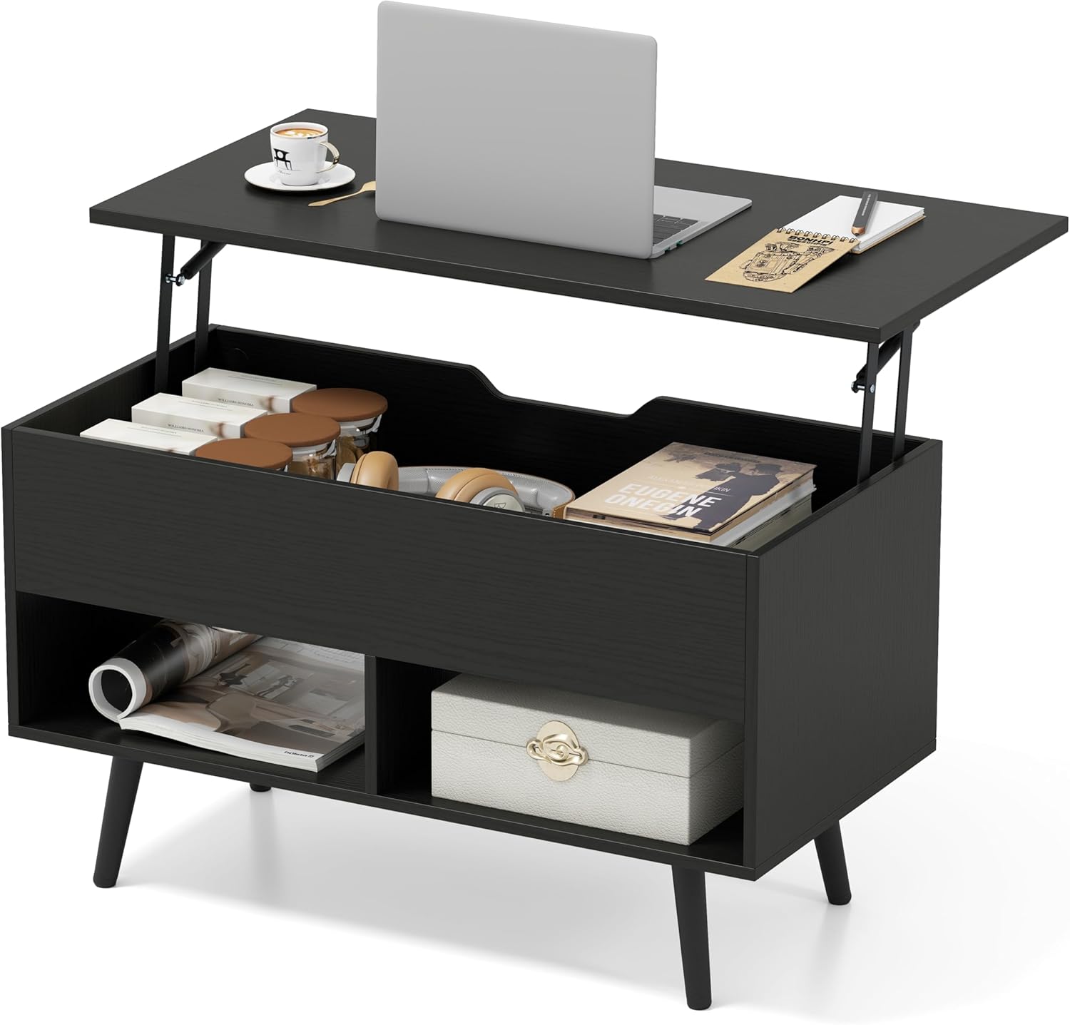 Table Basse Relevable, Table de Salon avec Rangement Caché