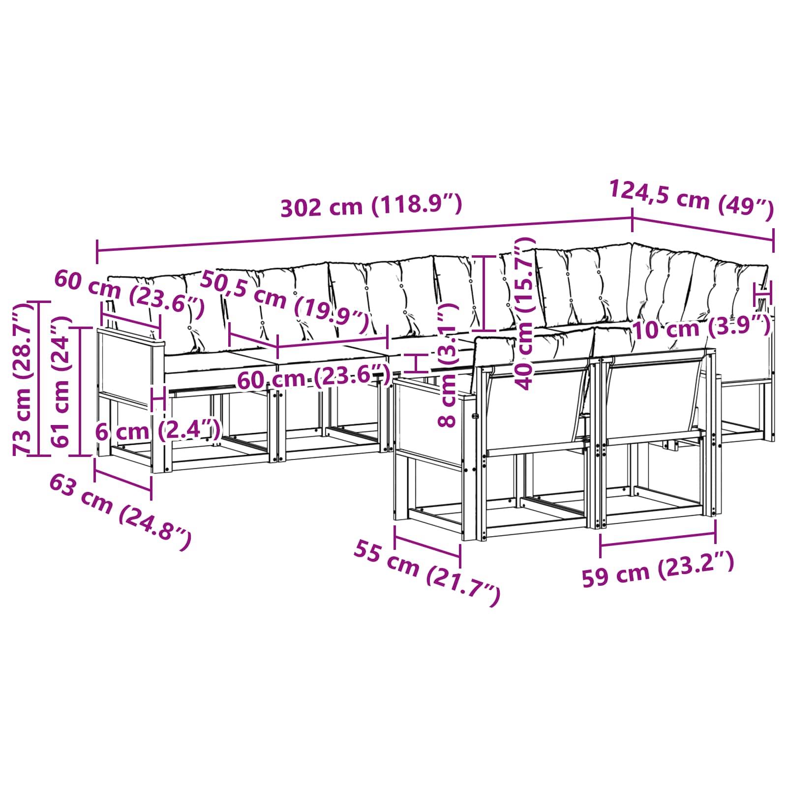 Ensemble de canapés d'extérieur, 8 pièces, naturel et beige, pour la terrasse - 9