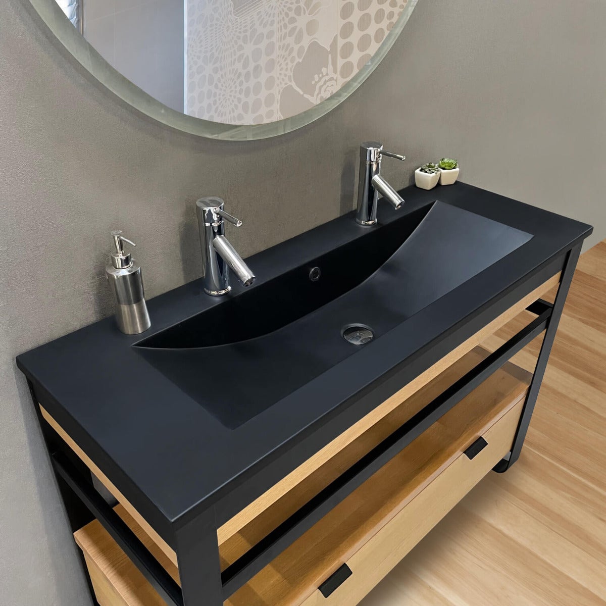 Meuble Salle De Bain 151 Cm Noir Set Vasque Robinetterie Ice Ensemble - Bricolage