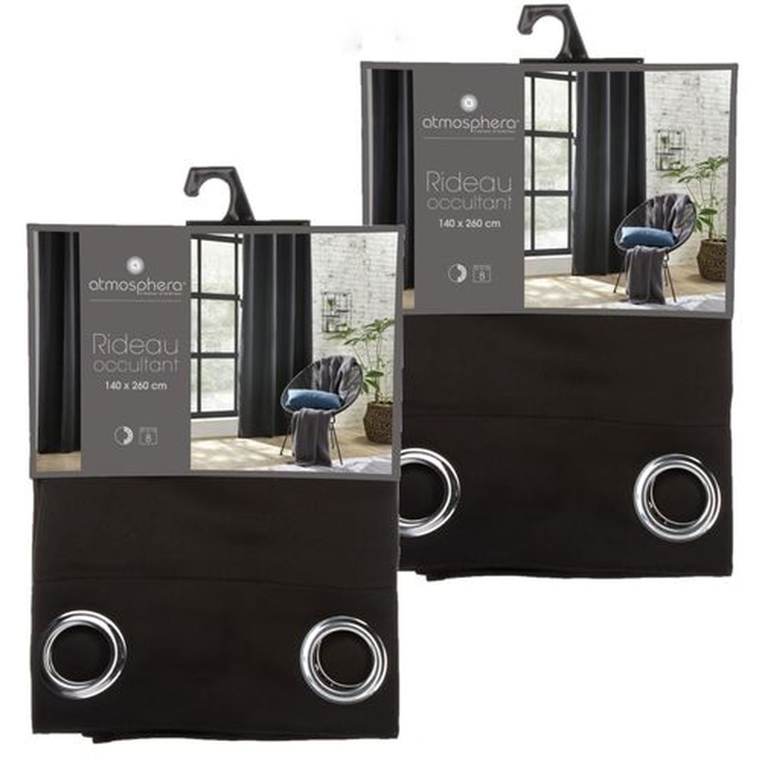 Rideau Occultant Noir 140x260 Cm - 100% Polyester, œillets - Obscurité Totale Pour Chambre - Lavable Machine