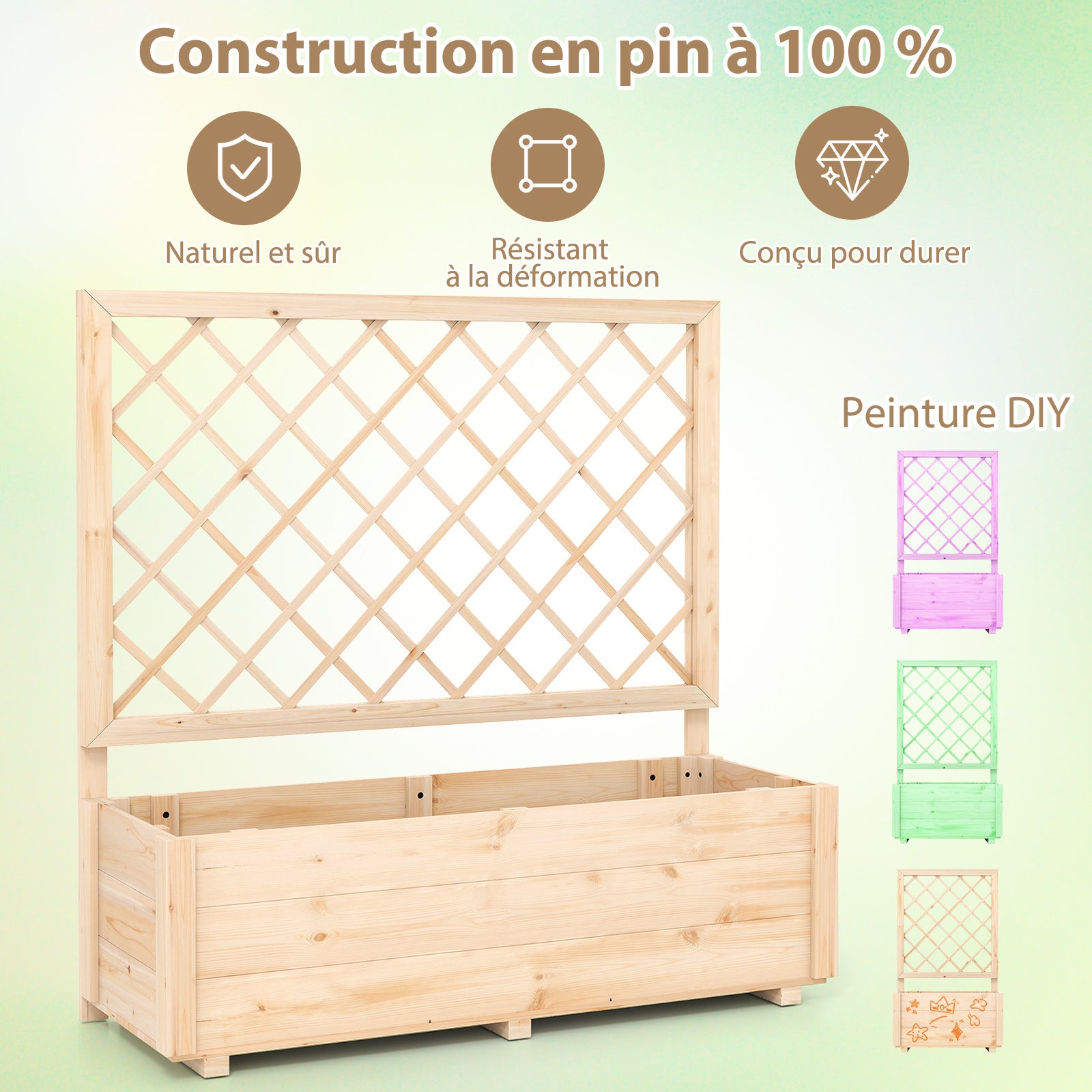 Jardinière Surélevée avec Treillis, Drainage, en Bois Massif pour Plantes Grimpantes, Fleurs, Herbes, Légumes, Fruits, 98 x 35 x 101 cm - 4