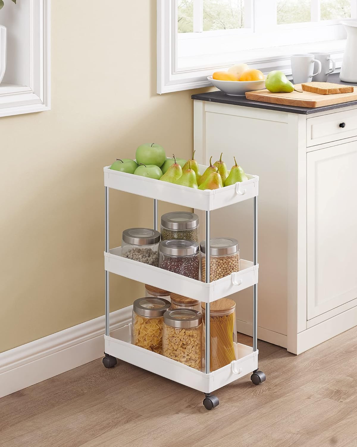 Desserte à roulettes, Chariot de Rangement, Étagère Roulante, 3 Niveaux, Gain de Place, pour Salle de Bain, Cuisine, Bureau, 40 x 22 x 60 cm, Blanc - 2
