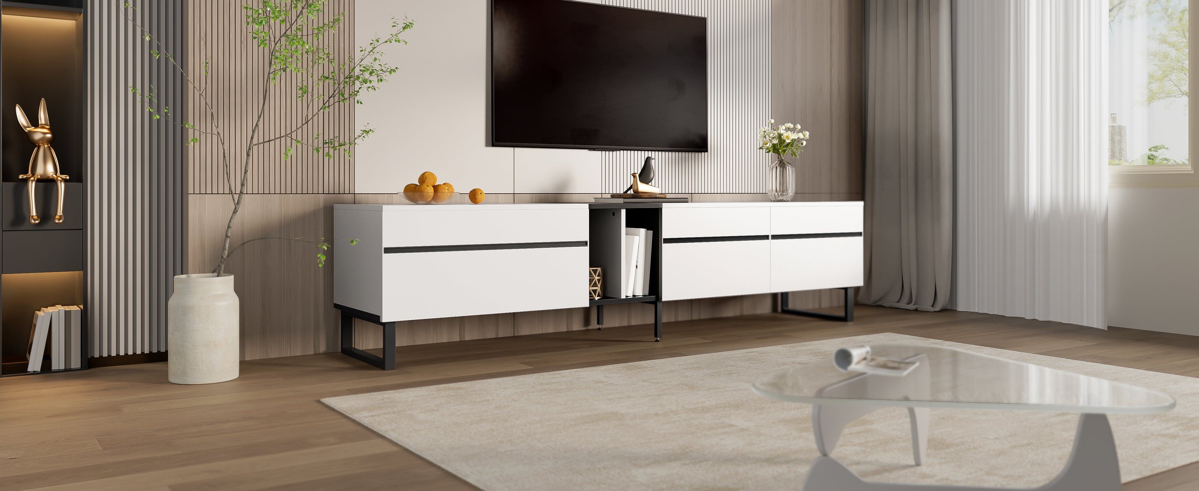 Stolik pod TV z 3 drzwiami i 2 półkami - 180 x 38 x 45 cm - Płyta wiórowa - Biały - 9