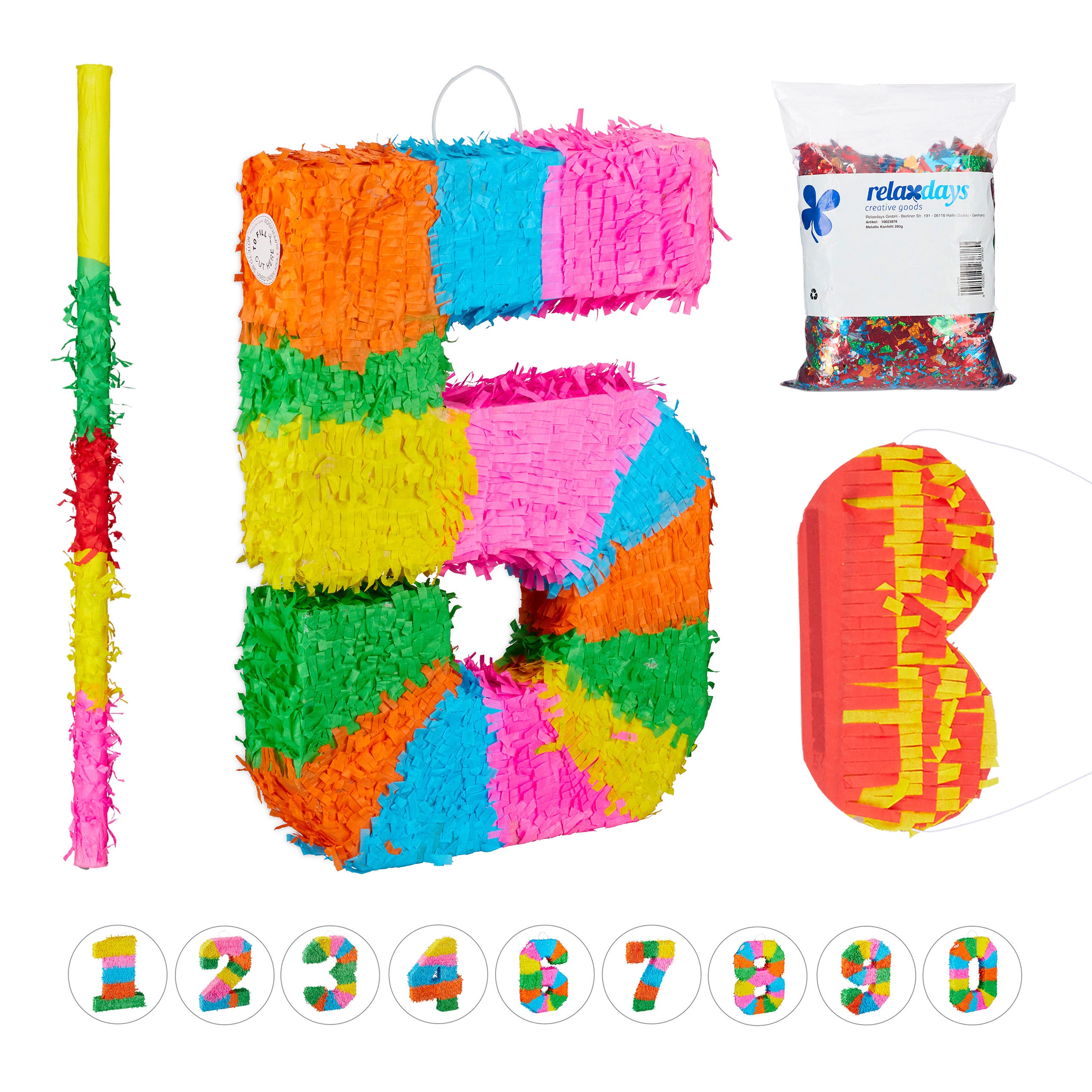 Relaxdays set de piñata cumpleaños número 5 xxl, palo, antifaz y confeti, papel, multicolor, 50 cm de largo