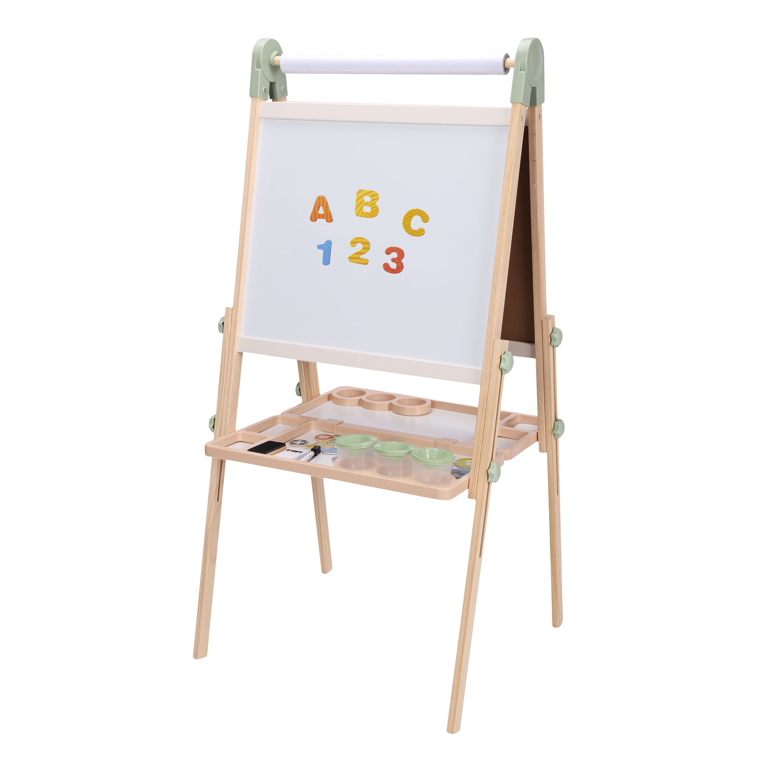 Sunny Luna Chevalet pour enfants en bois, beige | Double face : tableau blanc/noir | Tableau magnétique, rouleau de papier, gobelet, aimants, craies, - 3