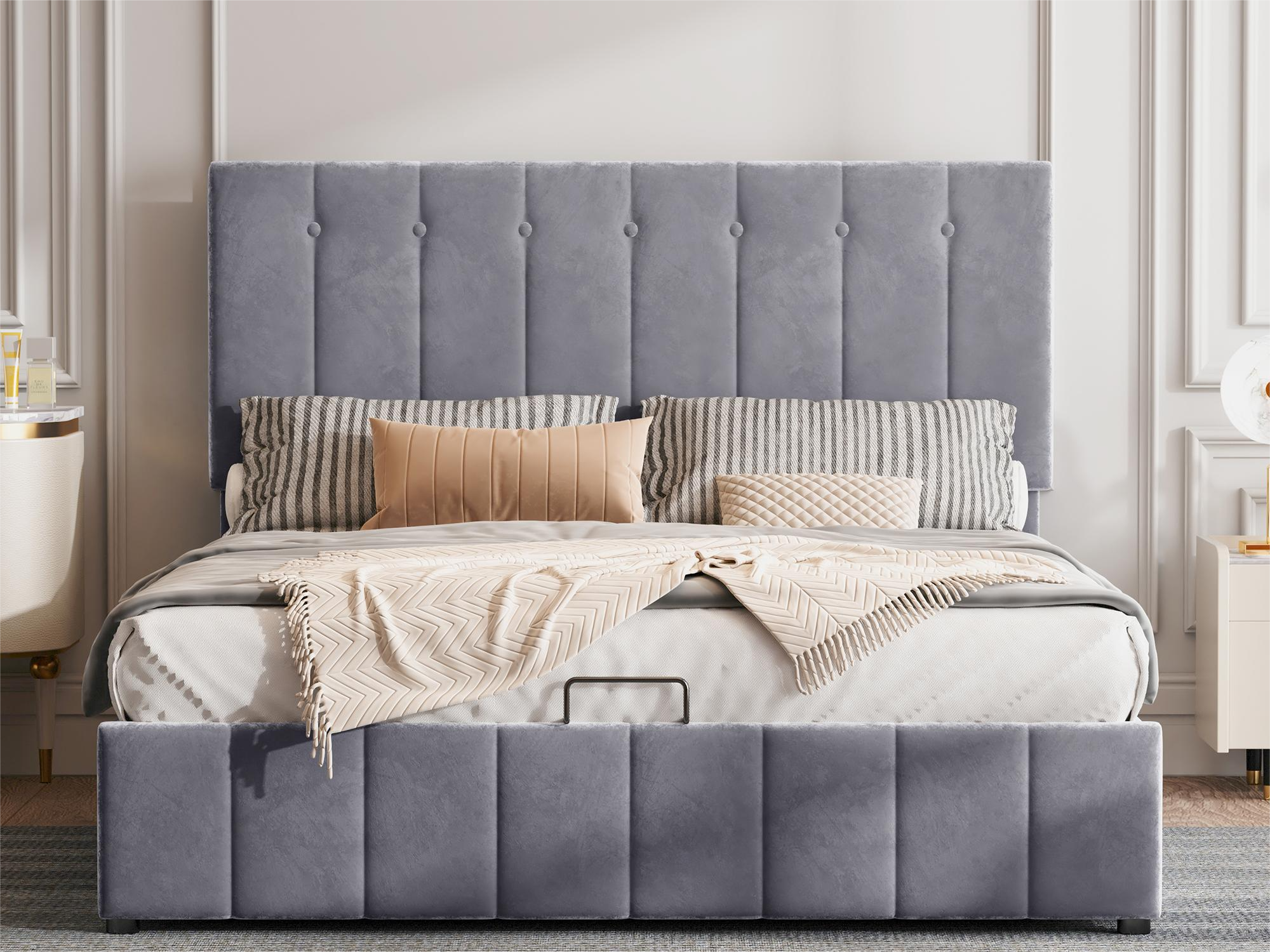 Cama contenedor con cabecero ajustable - 140 x 200 cm - terciopelo - somier de láminas - estilo escandinavo - gris - 2