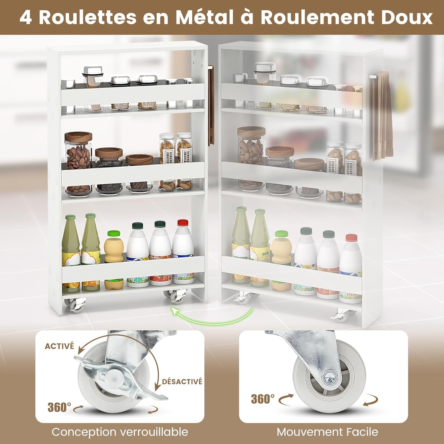 Chariot de Rangement Largeur 13 cm à roulettes, Desserte de Cuisine à 4 Niveaux, Poignée Latérale et Roues Universelles avec Freins (Blanc+ Blanc) - 4